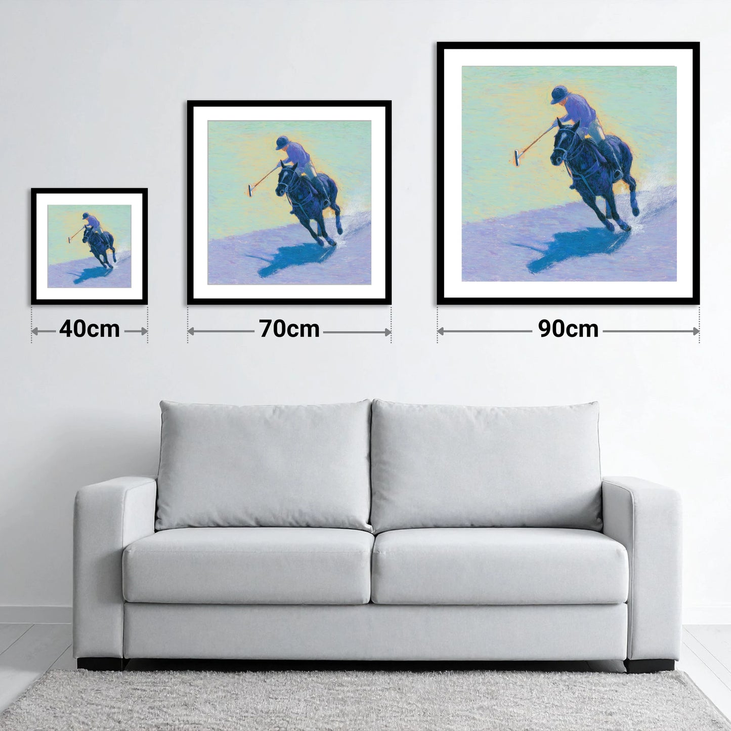 The Indigo Chukka - size guide showing 40cm, 70cm and 90cm art prints