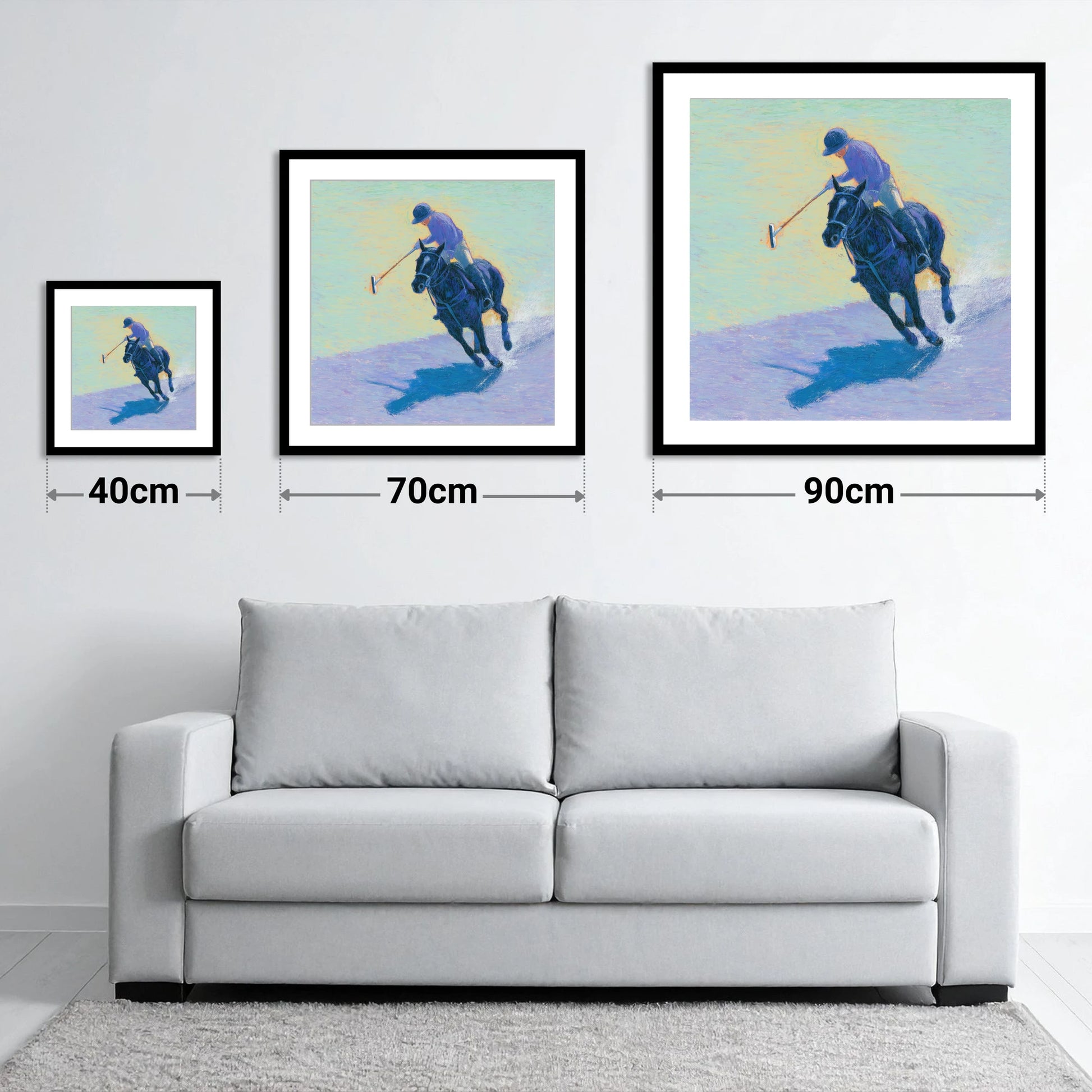 The Indigo Chukka - size guide showing 40cm, 70cm and 90cm art prints