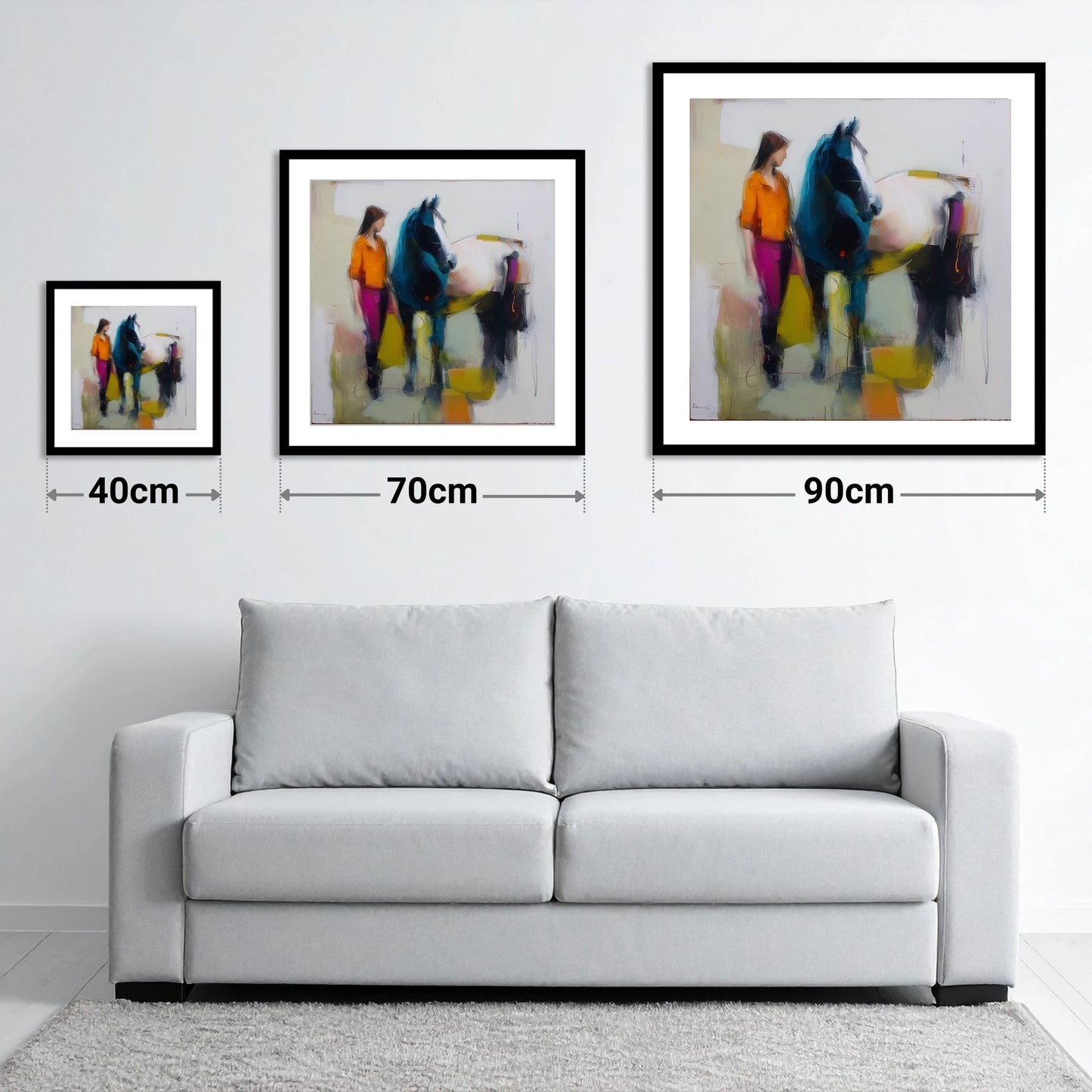 The Colour of Connection - size guide showing 40cm, 70cm and 90cm art prints