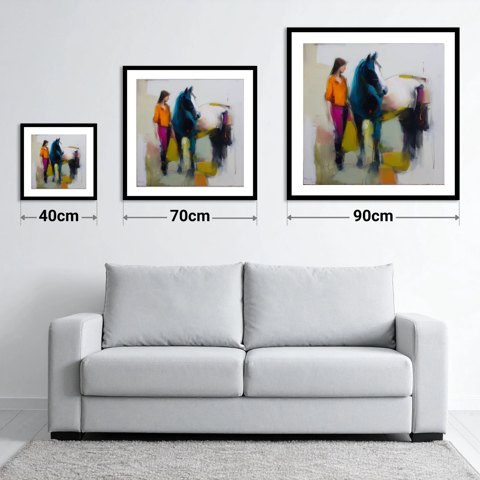 The Colour of Connection - size guide showing 40cm, 70cm and 90cm art prints