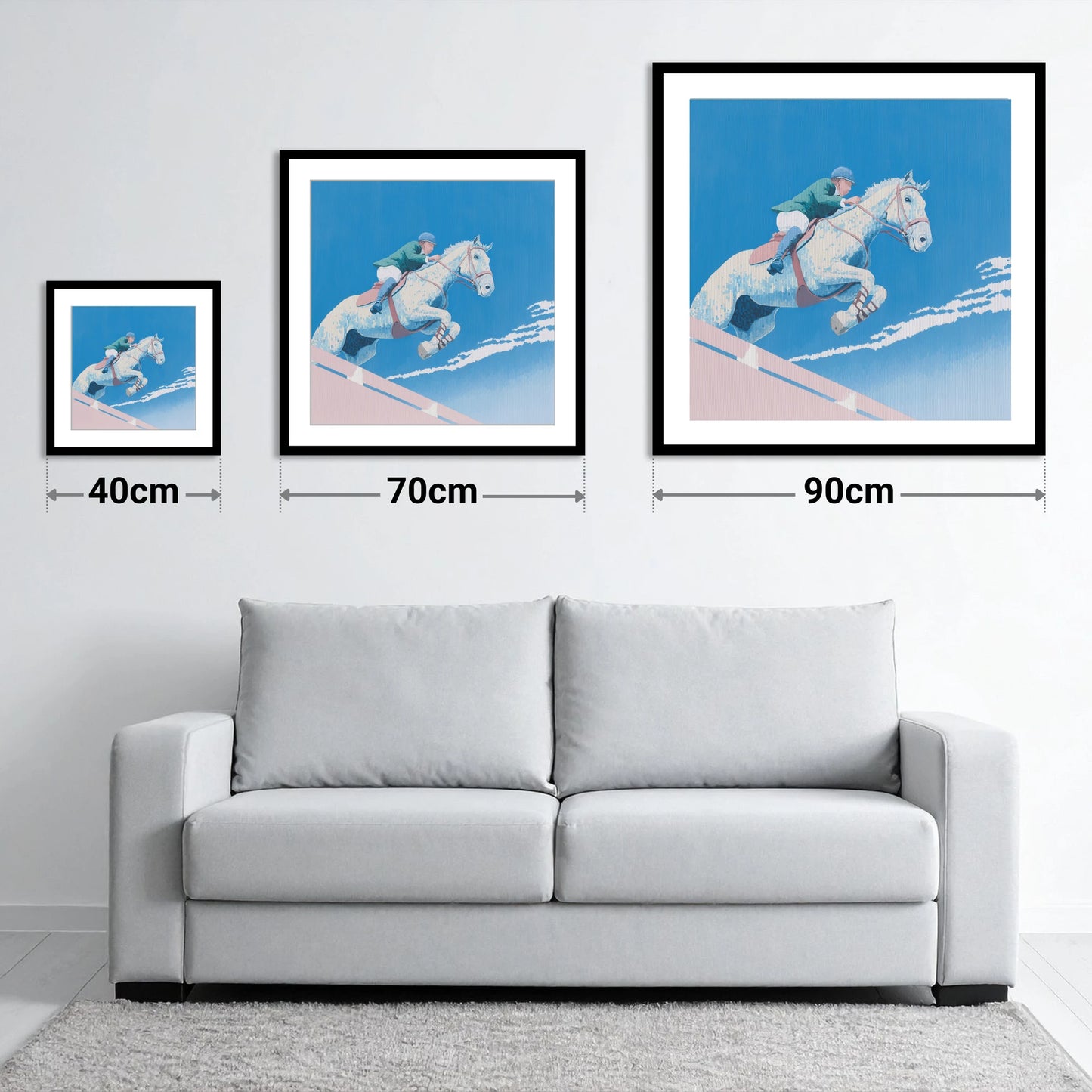 Airborne Over Blue - size guide showing 40cm, 70cm and 90cm art prints