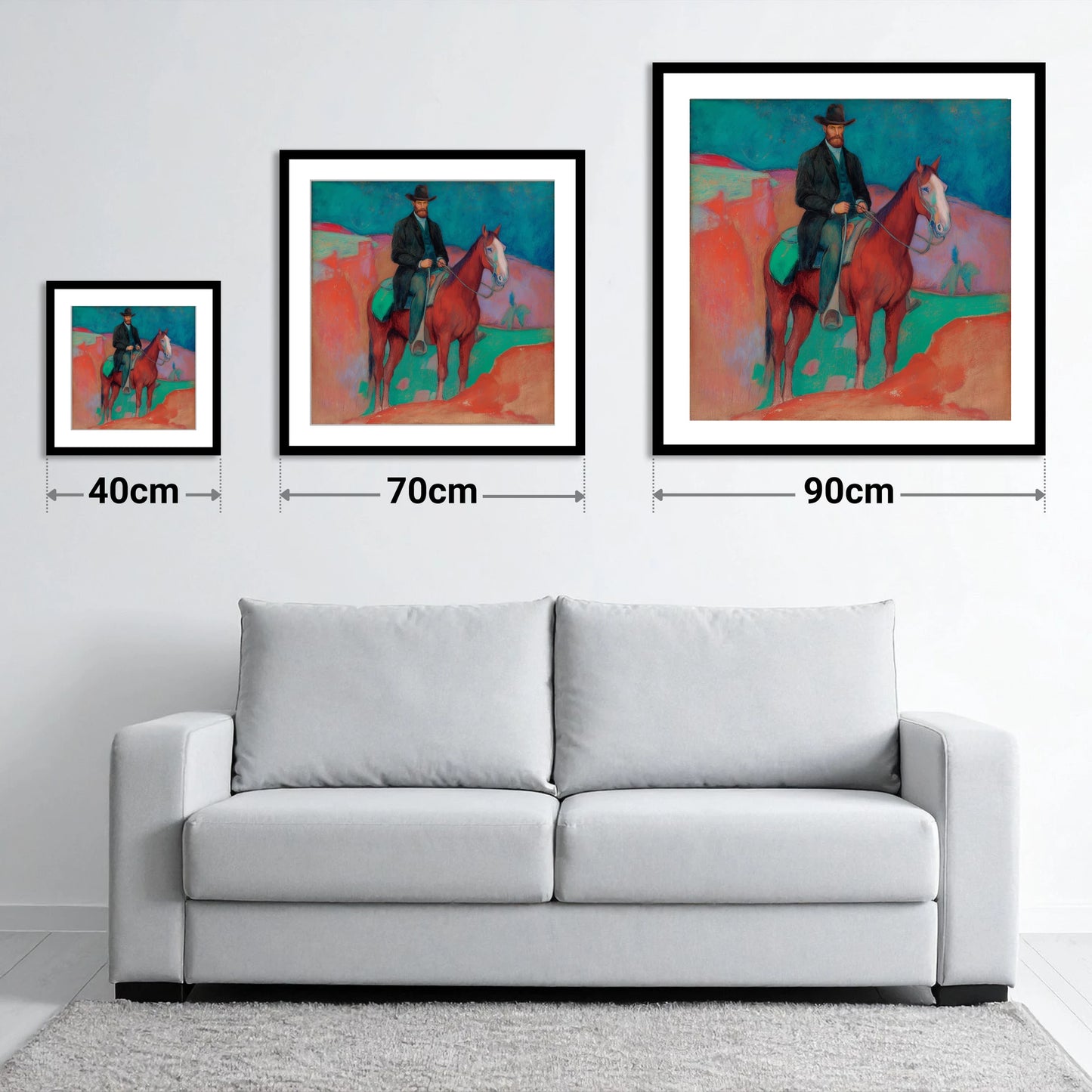 The Painted Frontier - size guide showing 40cm, 70cm and 90cm art prints