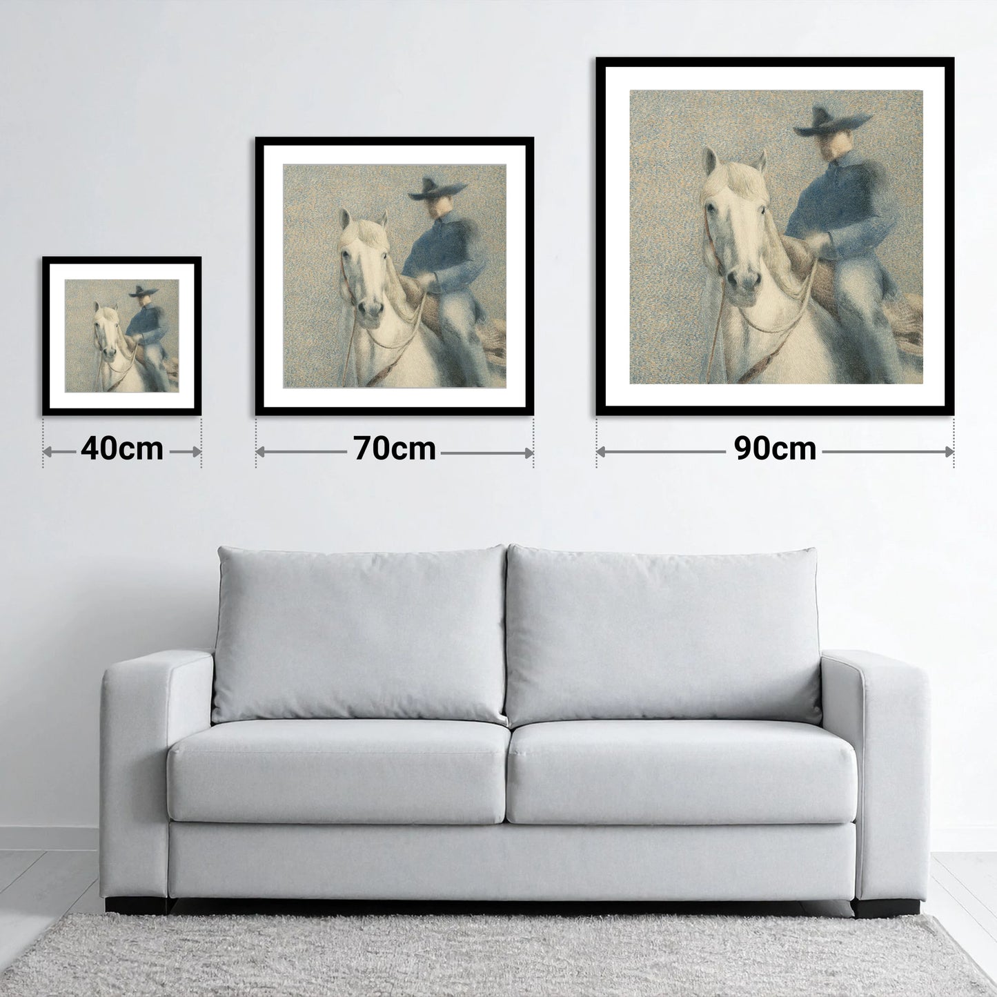 The Quiet Western - size guide showing 40cm, 70cm and 90cm art prints