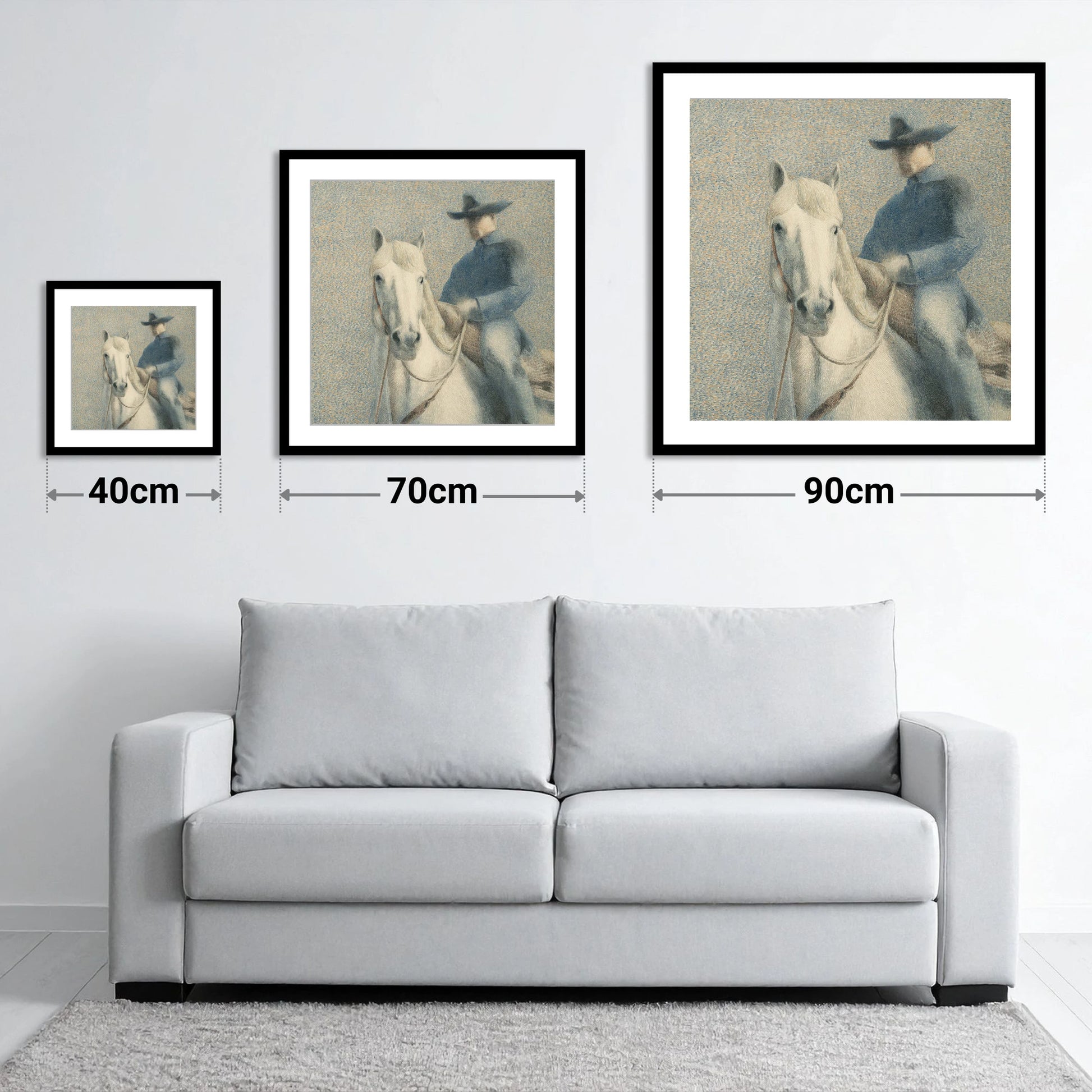 The Quiet Western - size guide showing 40cm, 70cm and 90cm art prints