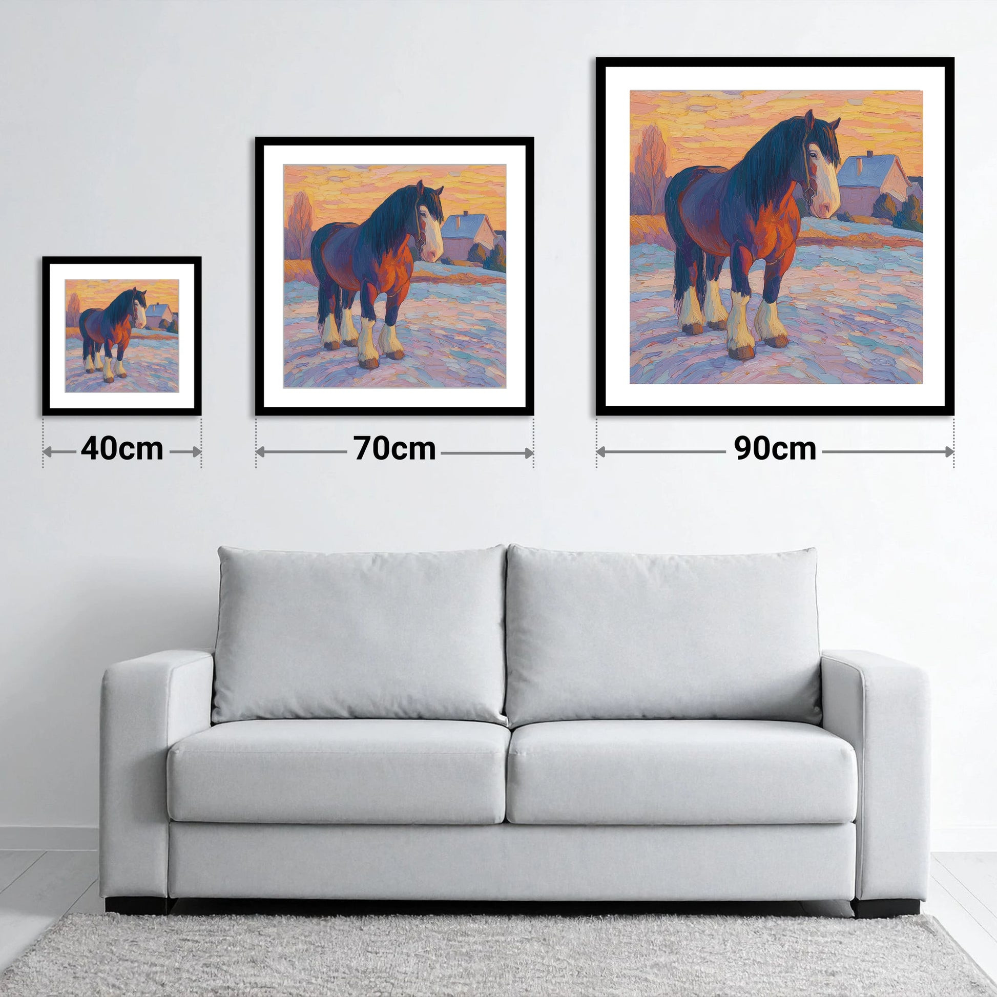 Majestic Winter Shire - size guide showing 40cm, 70cm and 90cm art prints
