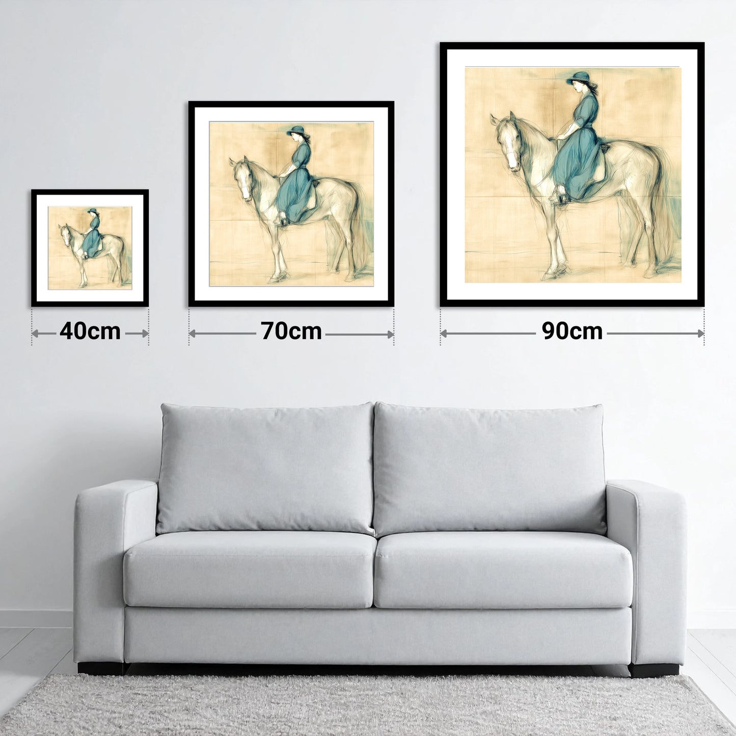 The Lady in Teal - size guide showing 40cm, 70cm and 90cm art prints