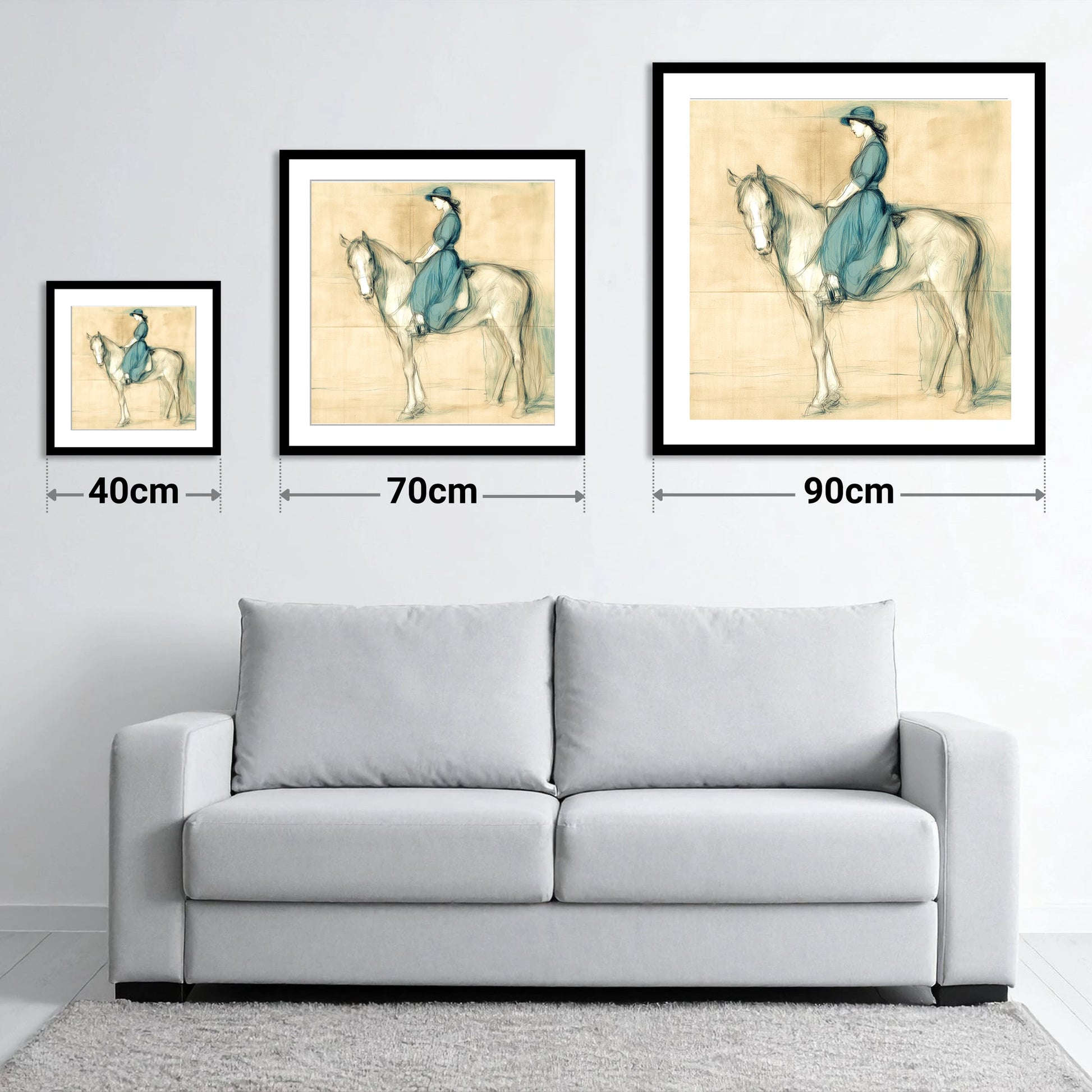 The Lady in Teal - size guide showing 40cm, 70cm and 90cm art prints
