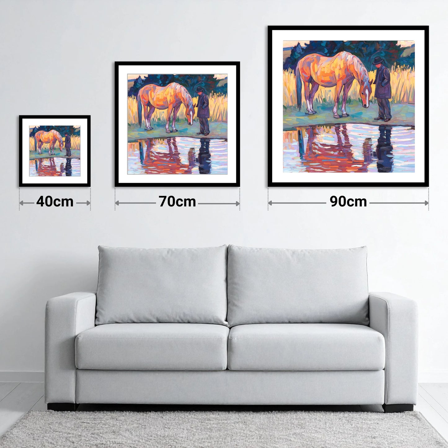 Quiet Reflections - size guide showing 40cm, 70cm and 90cm art prints