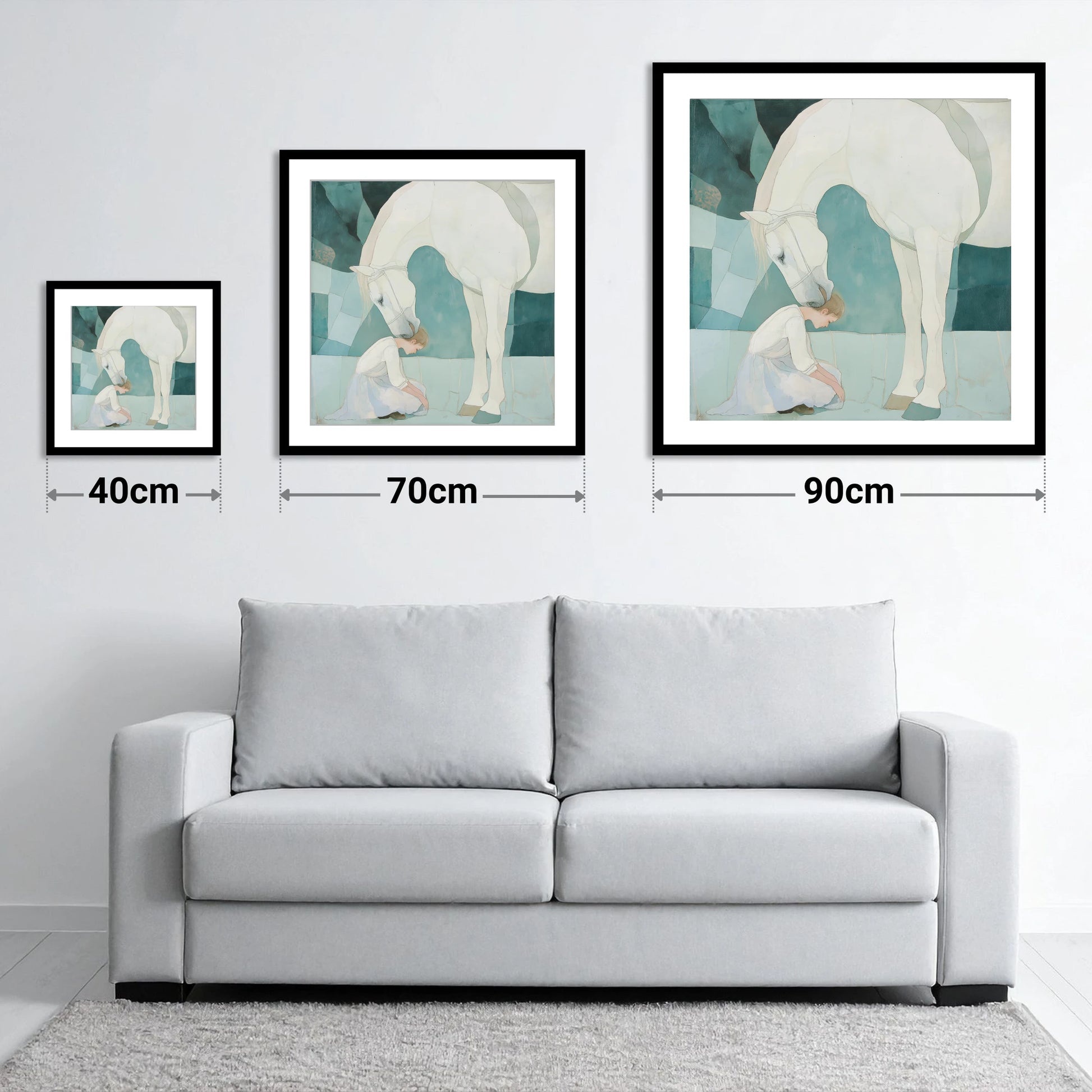 The Gentle Guardian - size guide showing 40cm, 70cm and 90cm art prints