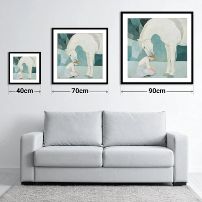 The Gentle Guardian - size guide showing 40cm, 70cm and 90cm art prints