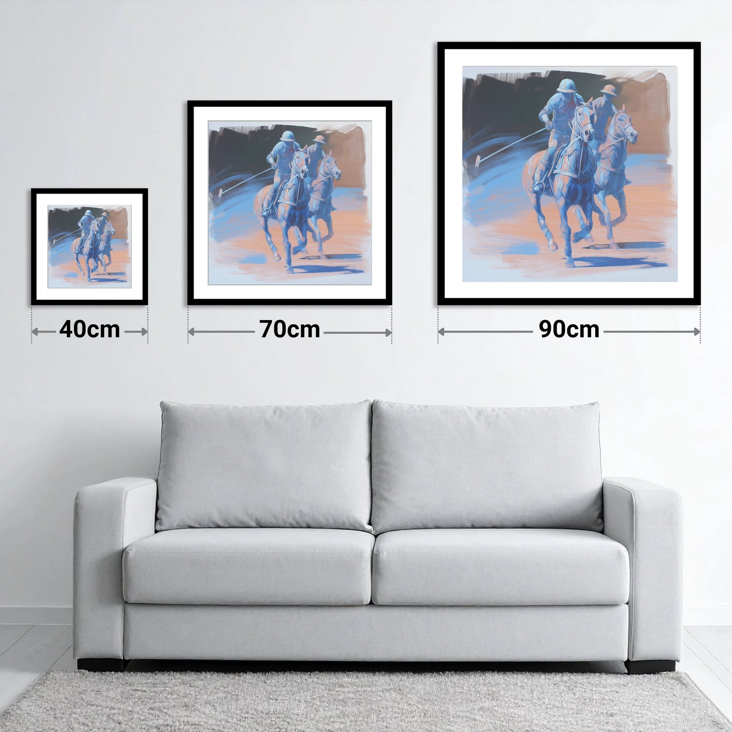 Cobalt Polo Pursuit - size guide showing 40cm, 70cm and 90cm art prints