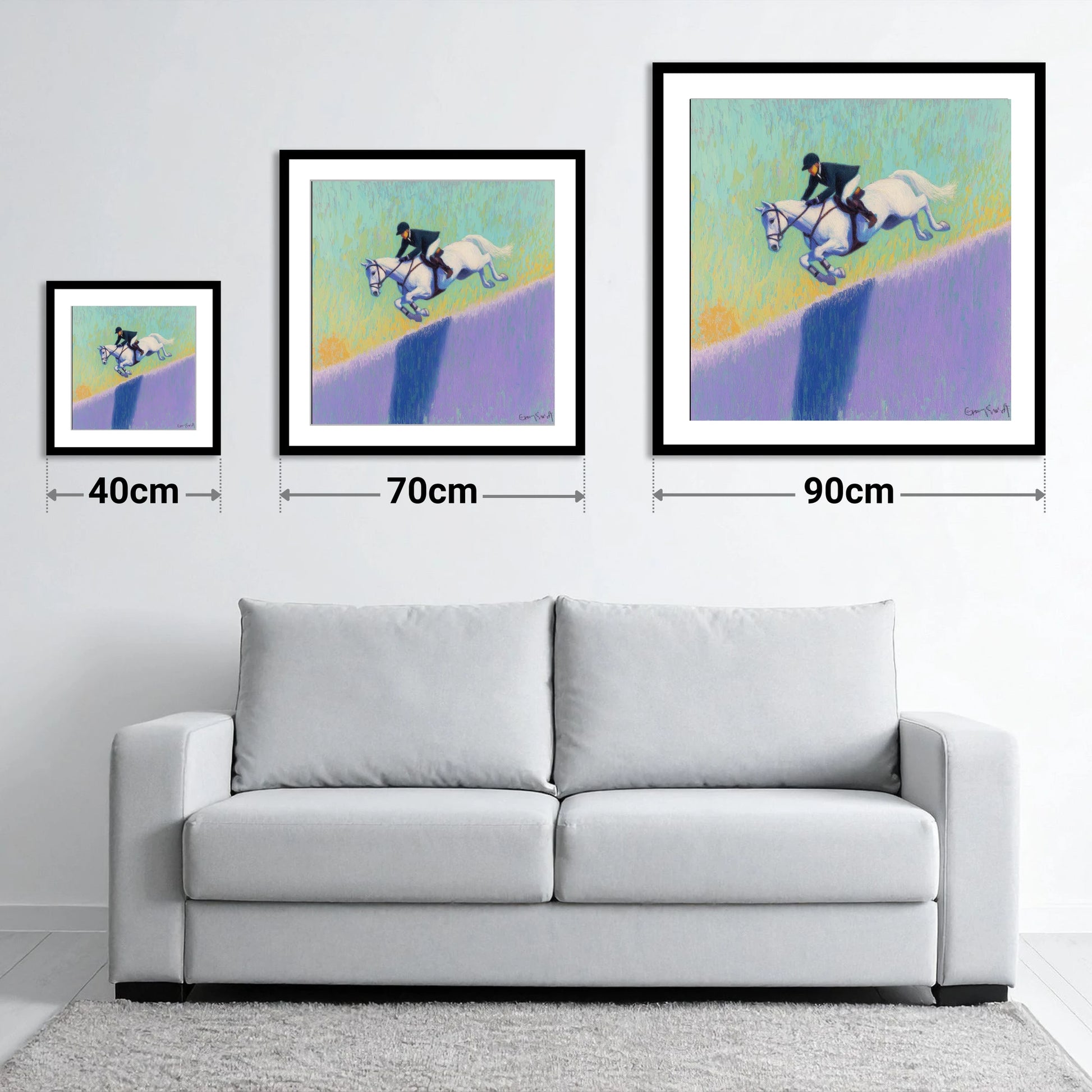 Flight Over Lavender - size guide showing 40cm, 70cm and 90cm art prints