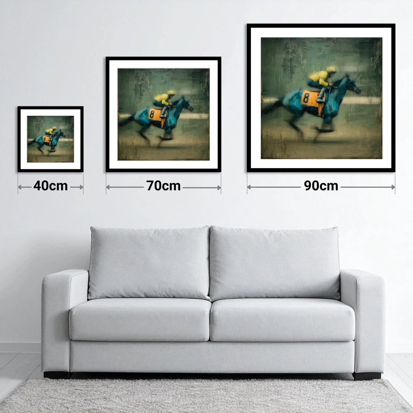 Number Eight at Speed - size guide showing 40cm, 70cm and 90cm art prints