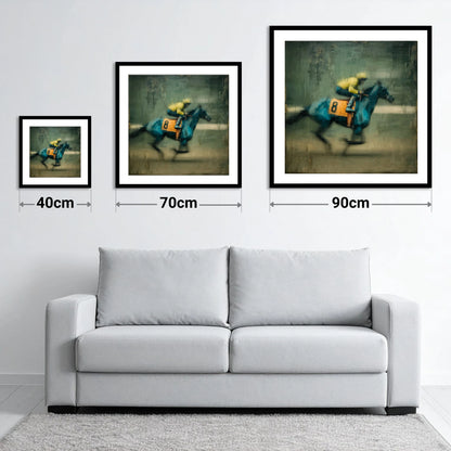 Number Eight at Speed - size guide showing 40cm, 70cm and 90cm art prints