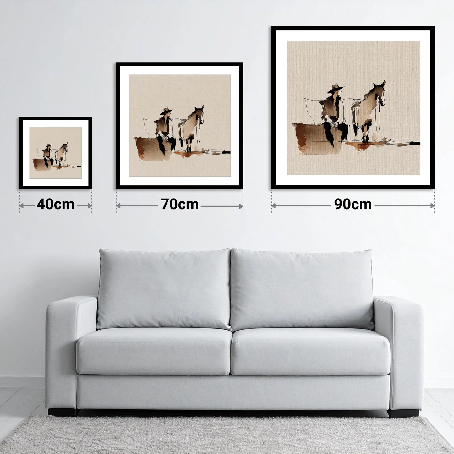 Rest on the Trail - size guide showing 40cm, 70cm and 90cm art prints