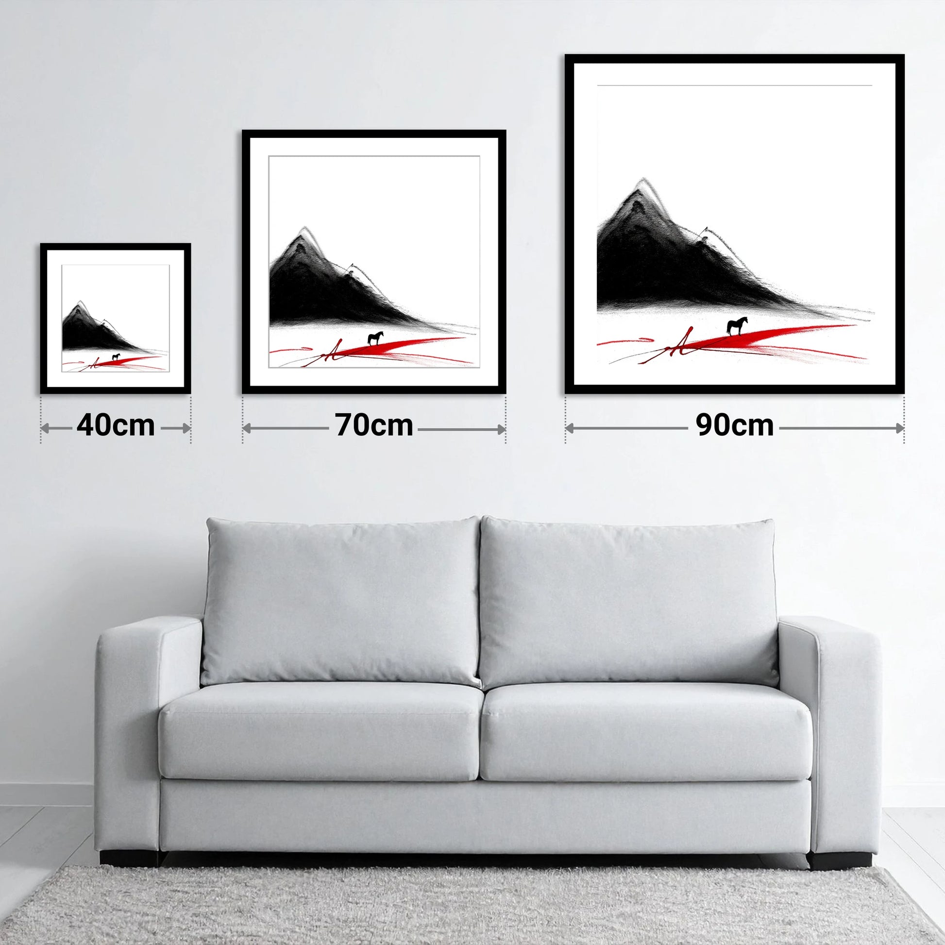 Crimson Path Silhouette - size guide showing 40cm, 70cm and 90cm art prints