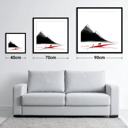 Crimson Path Silhouette - size guide showing 40cm, 70cm and 90cm art prints