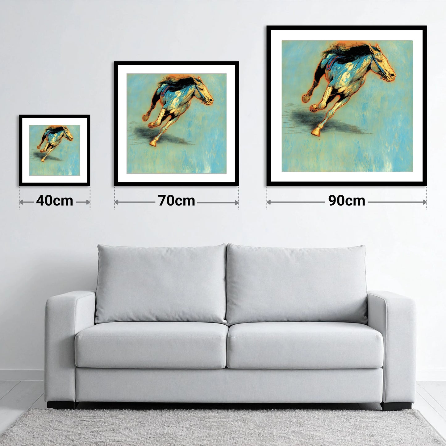 Cerulean Sprint - size guide showing 40cm, 70cm and 90cm art prints