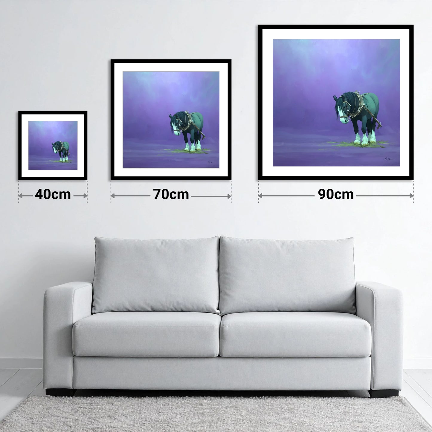 Twilight Rest - size guide showing 40cm, 70cm and 90cm art prints