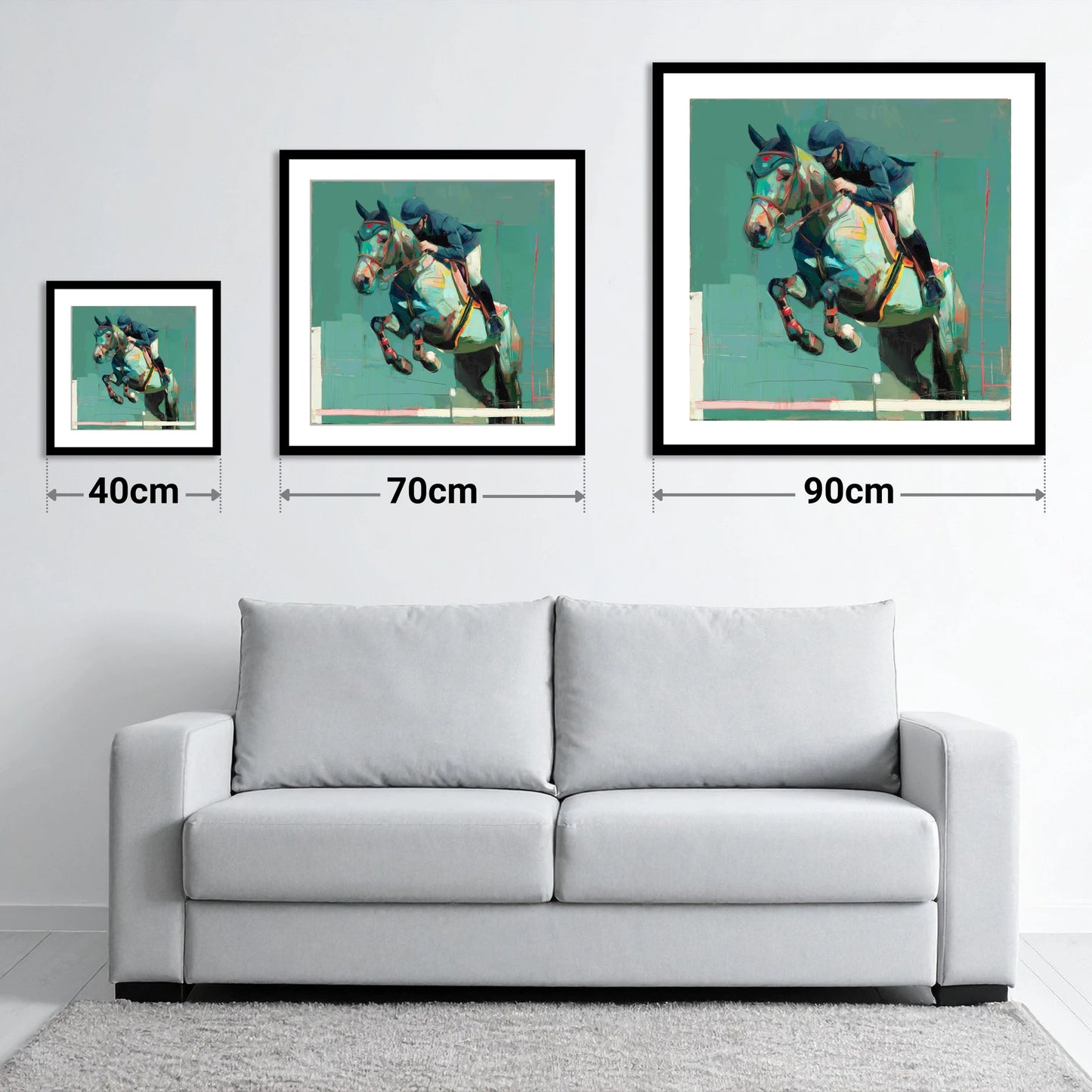 The Perfect Clearance - size guide showing 40cm, 70cm and 90cm art prints