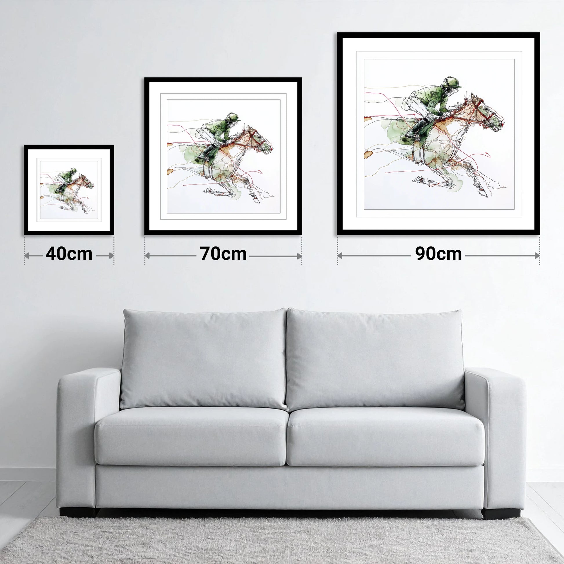 The Final Furlong - size guide showing 40cm, 70cm and 90cm art prints