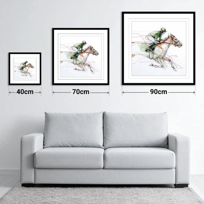 The Final Furlong - size guide showing 40cm, 70cm and 90cm art prints