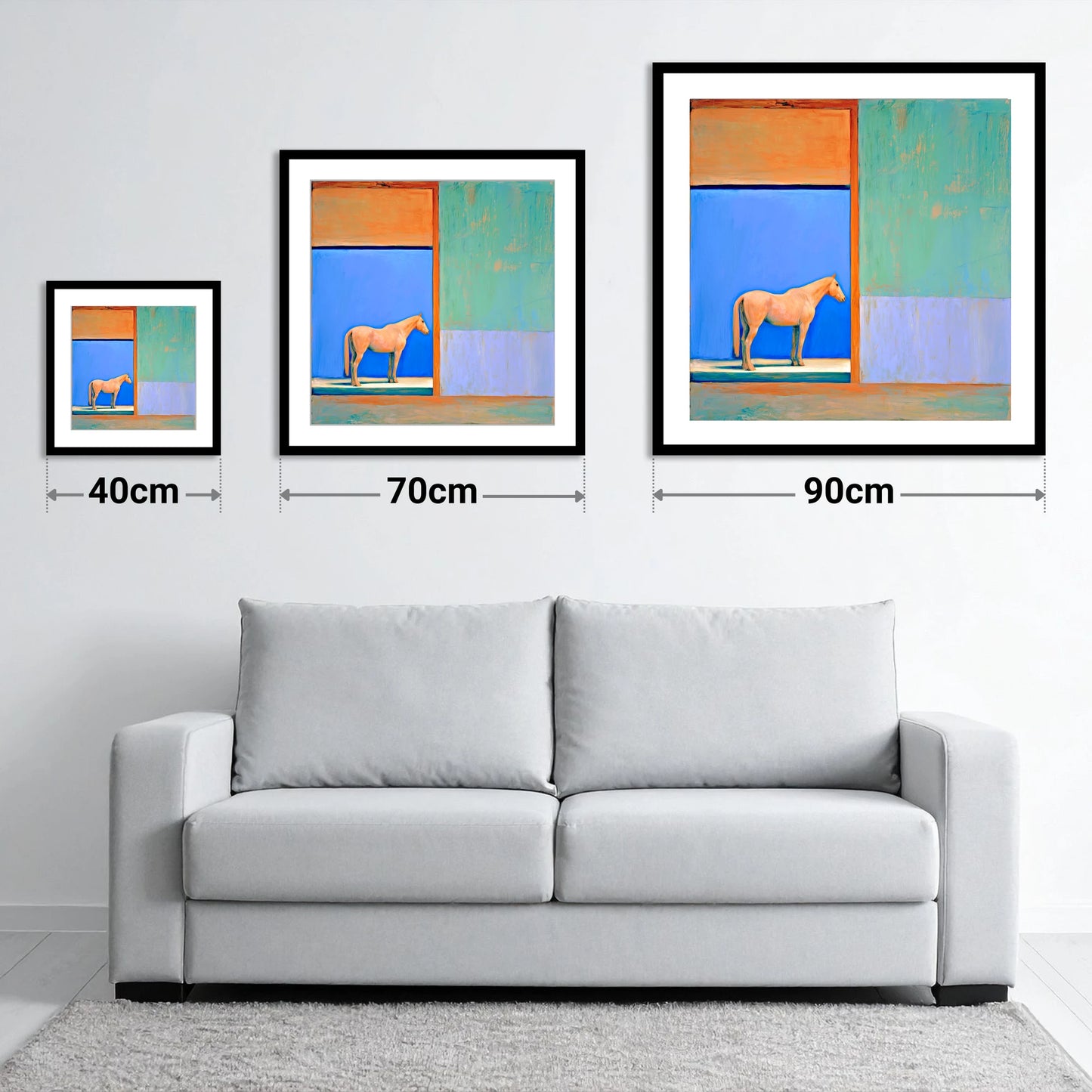 Cobalt Stable Light - size guide showing 40cm, 70cm and 90cm art prints