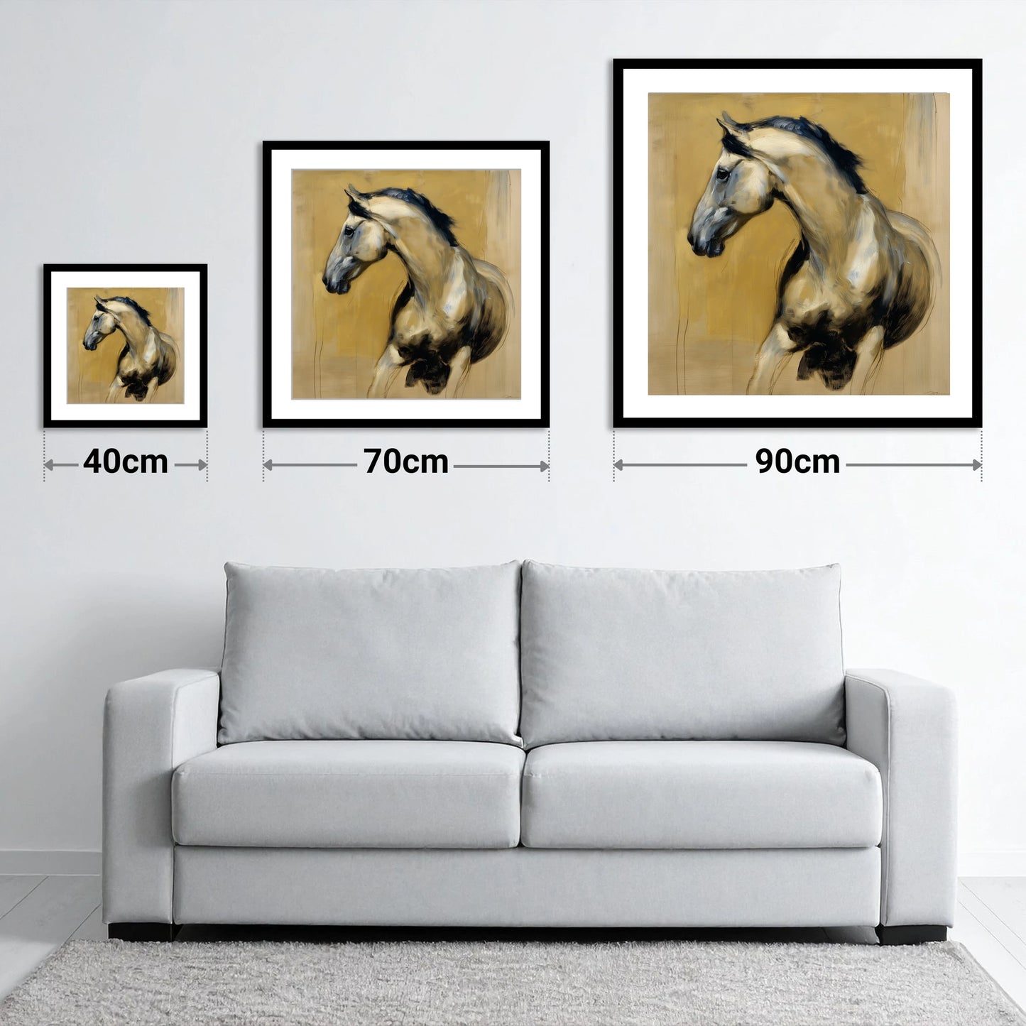 Spirited Ochre Profile - size guide showing 40cm, 70cm and 90cm art prints