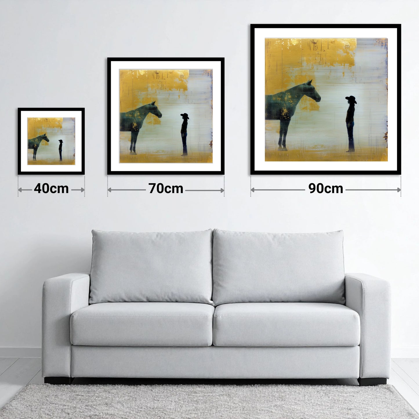 Golden Western Silhouette - size guide showing 40cm, 70cm and 90cm art prints