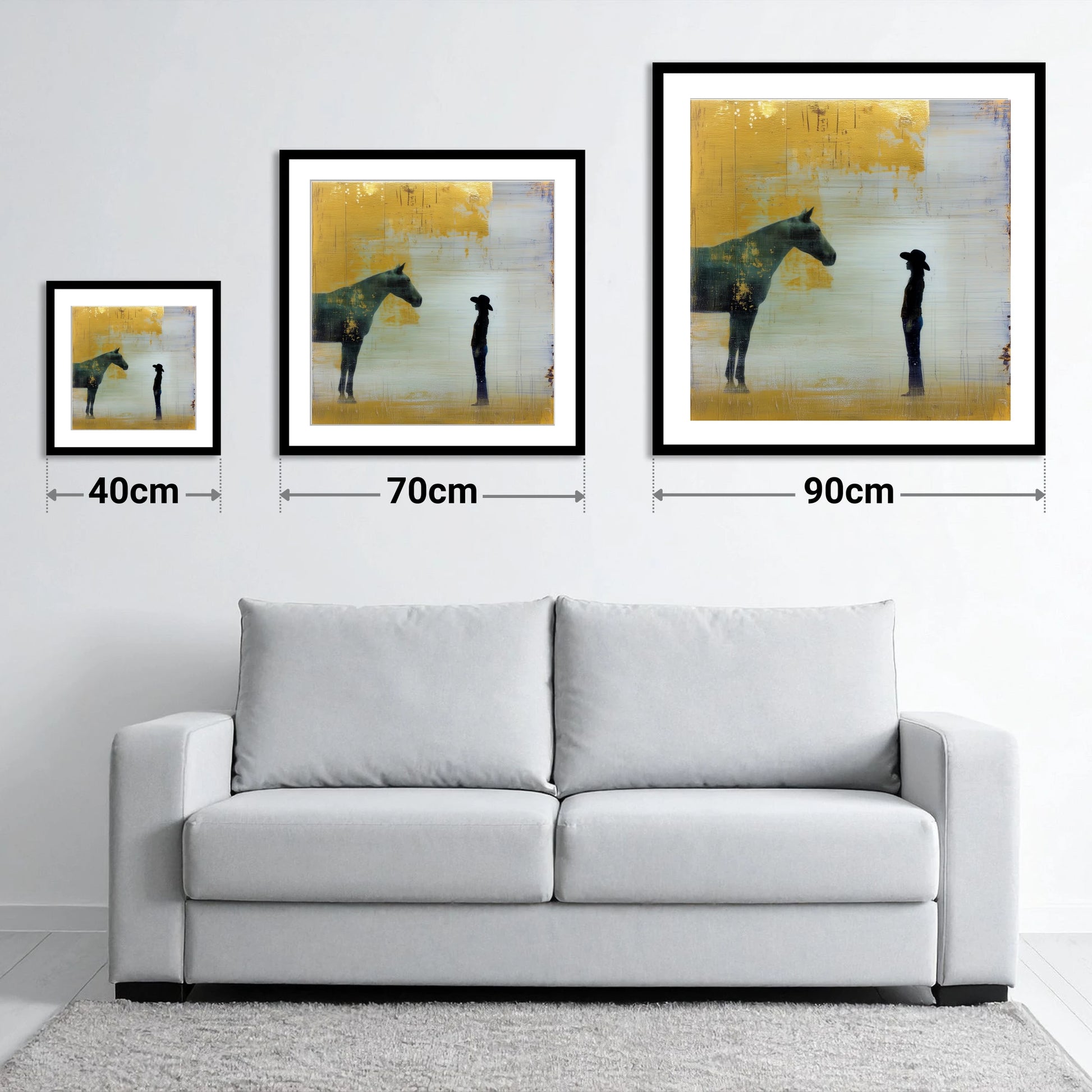 Golden Western Silhouette - size guide showing 40cm, 70cm and 90cm art prints