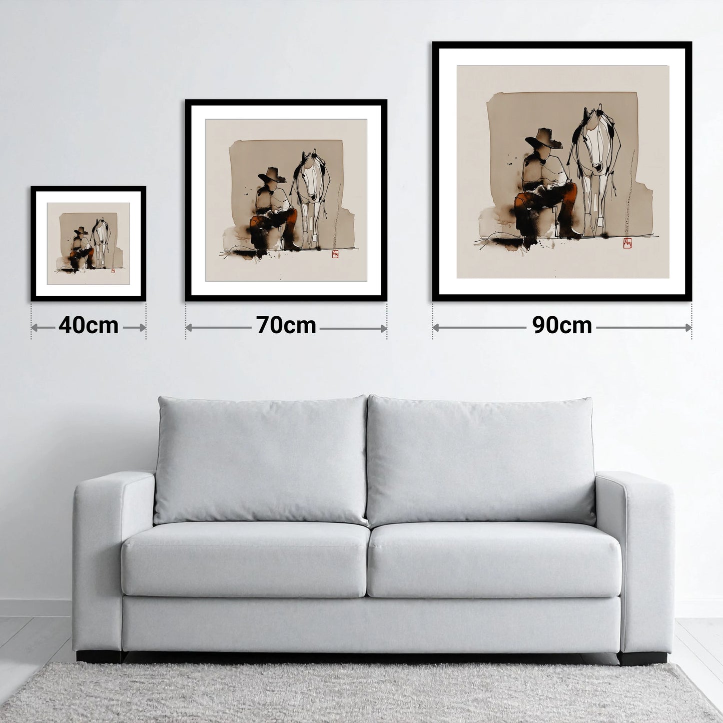 Quiet Western Companions - size guide showing 40cm, 70cm and 90cm art prints