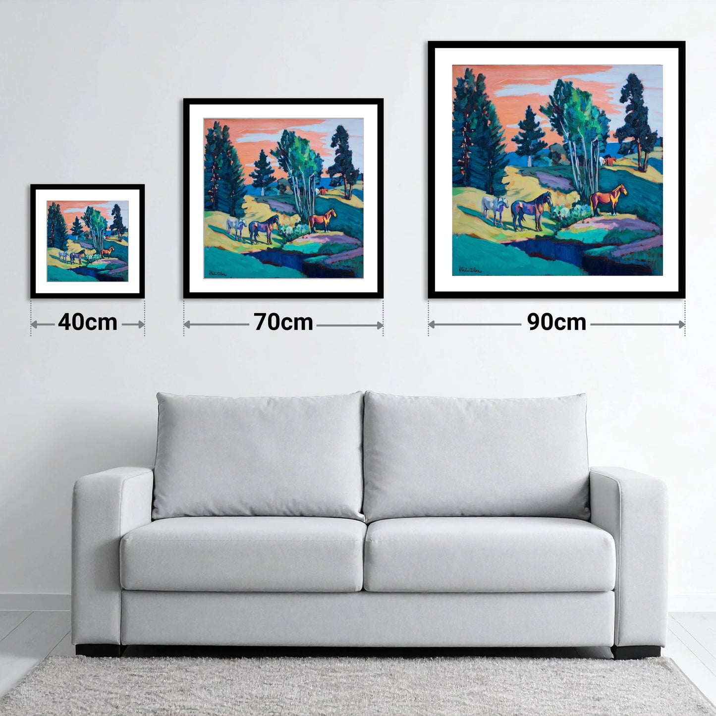 Vibrant Summer Pastures - size guide showing 40cm, 70cm and 90cm art prints
