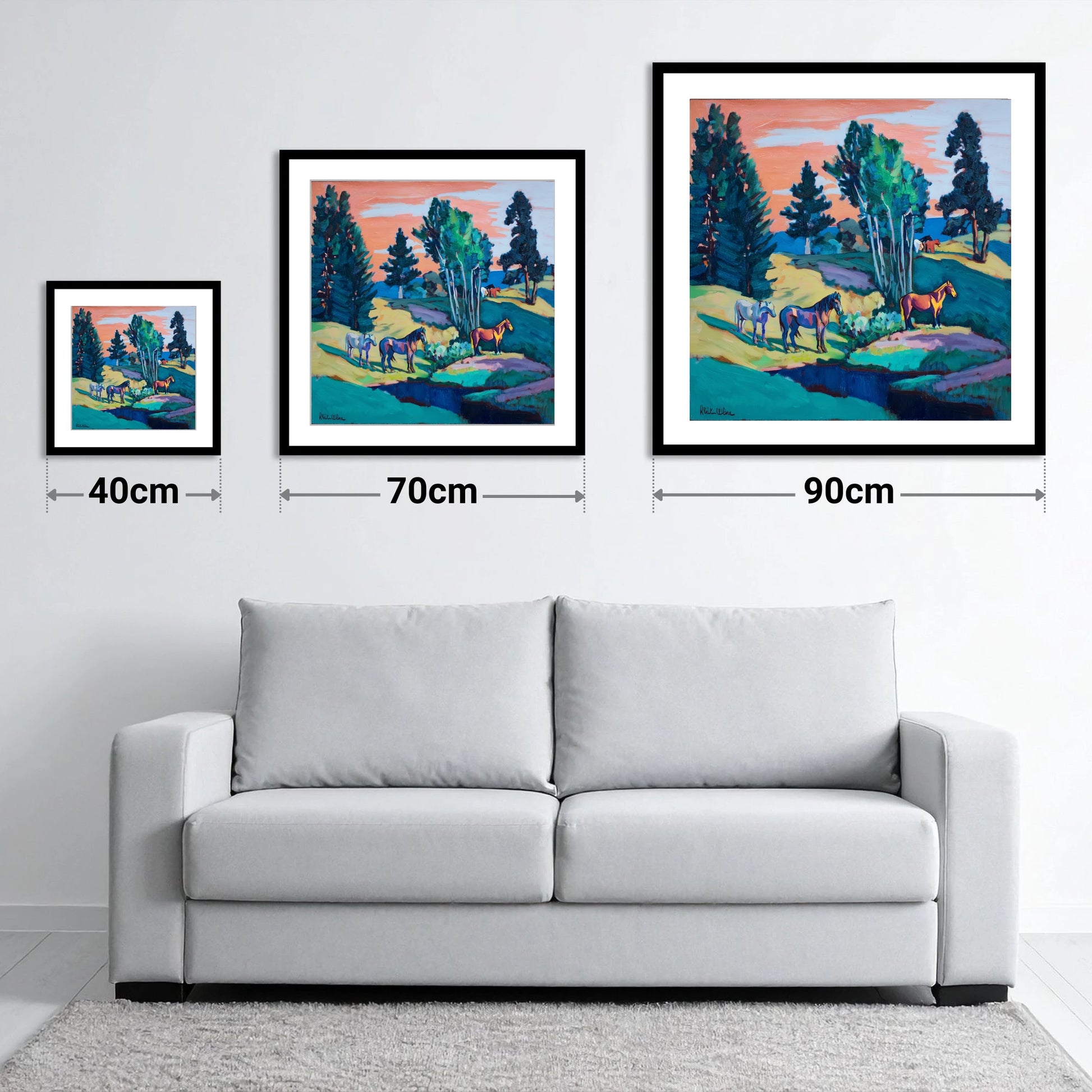 Vibrant Summer Pastures - size guide showing 40cm, 70cm and 90cm art prints