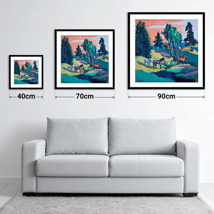 Vibrant Summer Pastures - size guide showing 40cm, 70cm and 90cm art prints