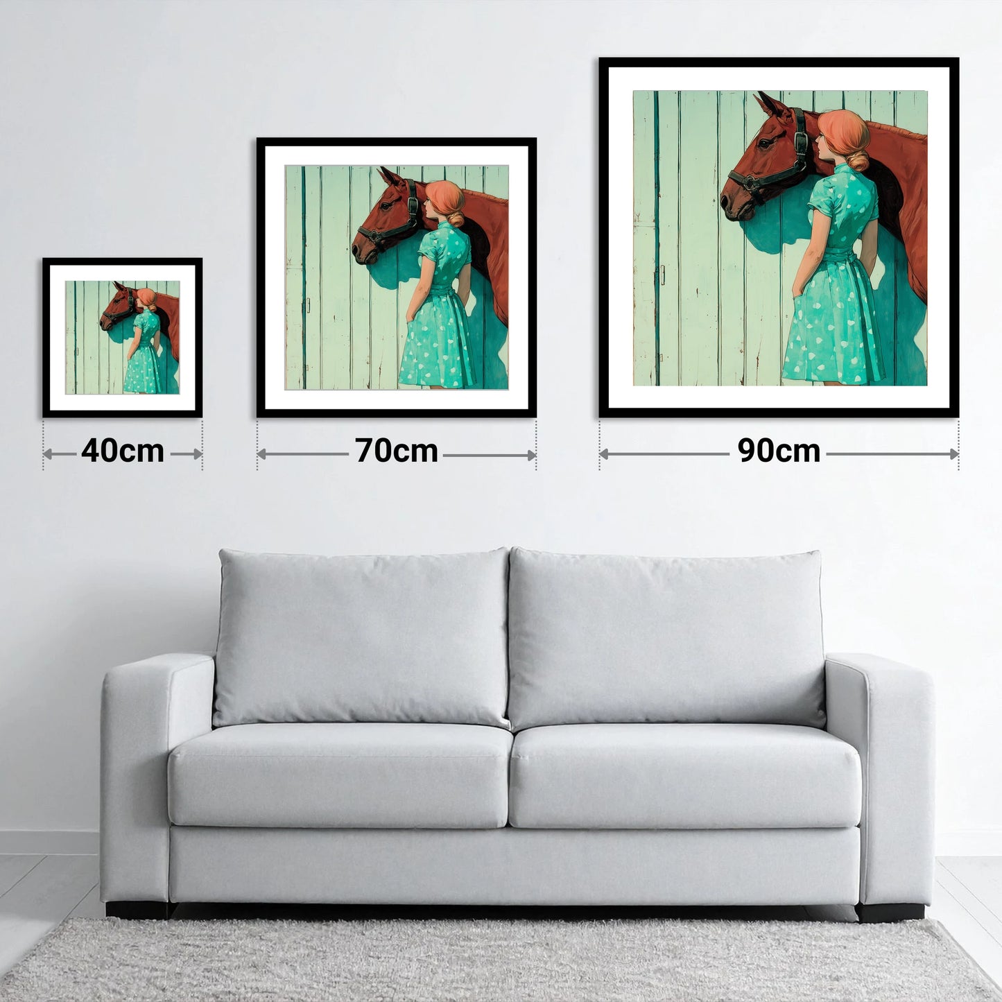 Shadows in Mint and Chestnut - size guide showing 40cm, 70cm and 90cm art prints
