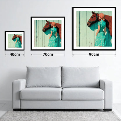 Shadows in Mint and Chestnut - size guide showing 40cm, 70cm and 90cm art prints
