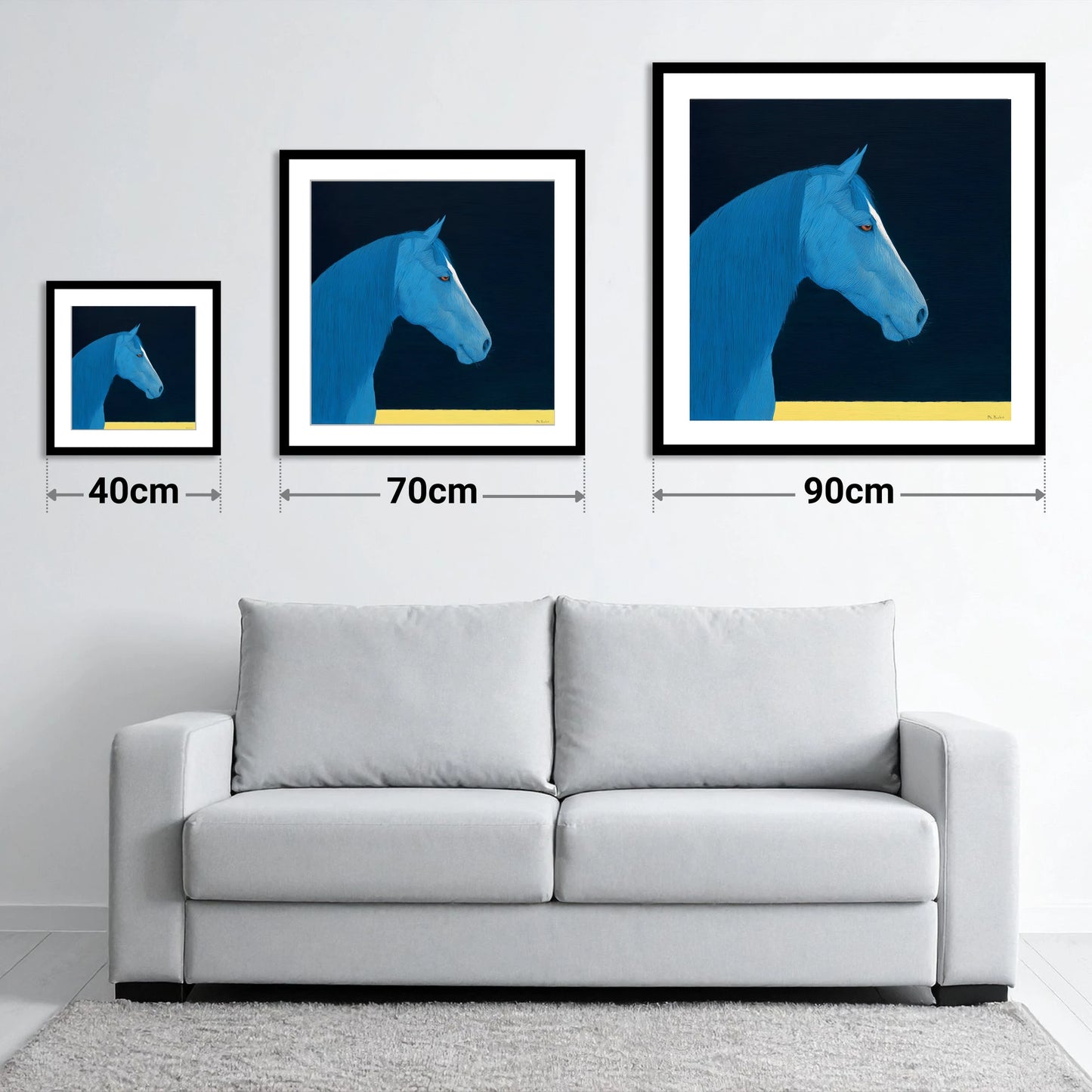 Azure Equine Profile - size guide showing 40cm, 70cm and 90cm art prints