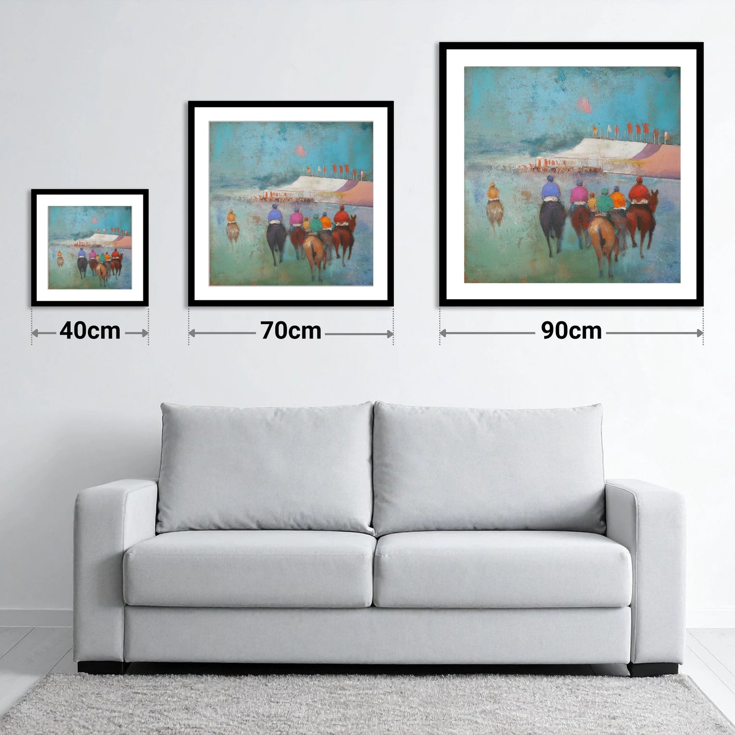 Heading to the Post - size guide showing 40cm, 70cm and 90cm art prints