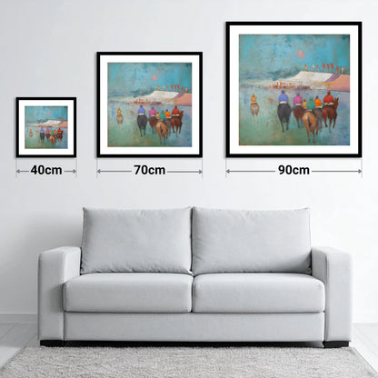 Heading to the Post - size guide showing 40cm, 70cm and 90cm art prints