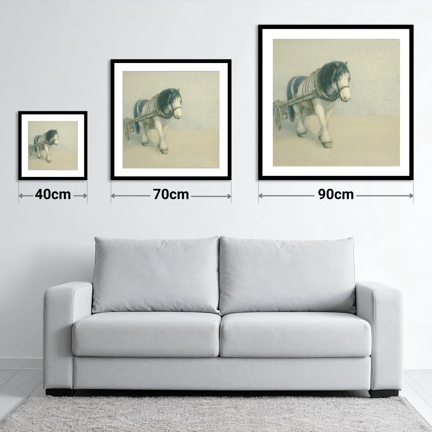 Rhythm Of The Draught - size guide showing 40cm, 70cm and 90cm art prints