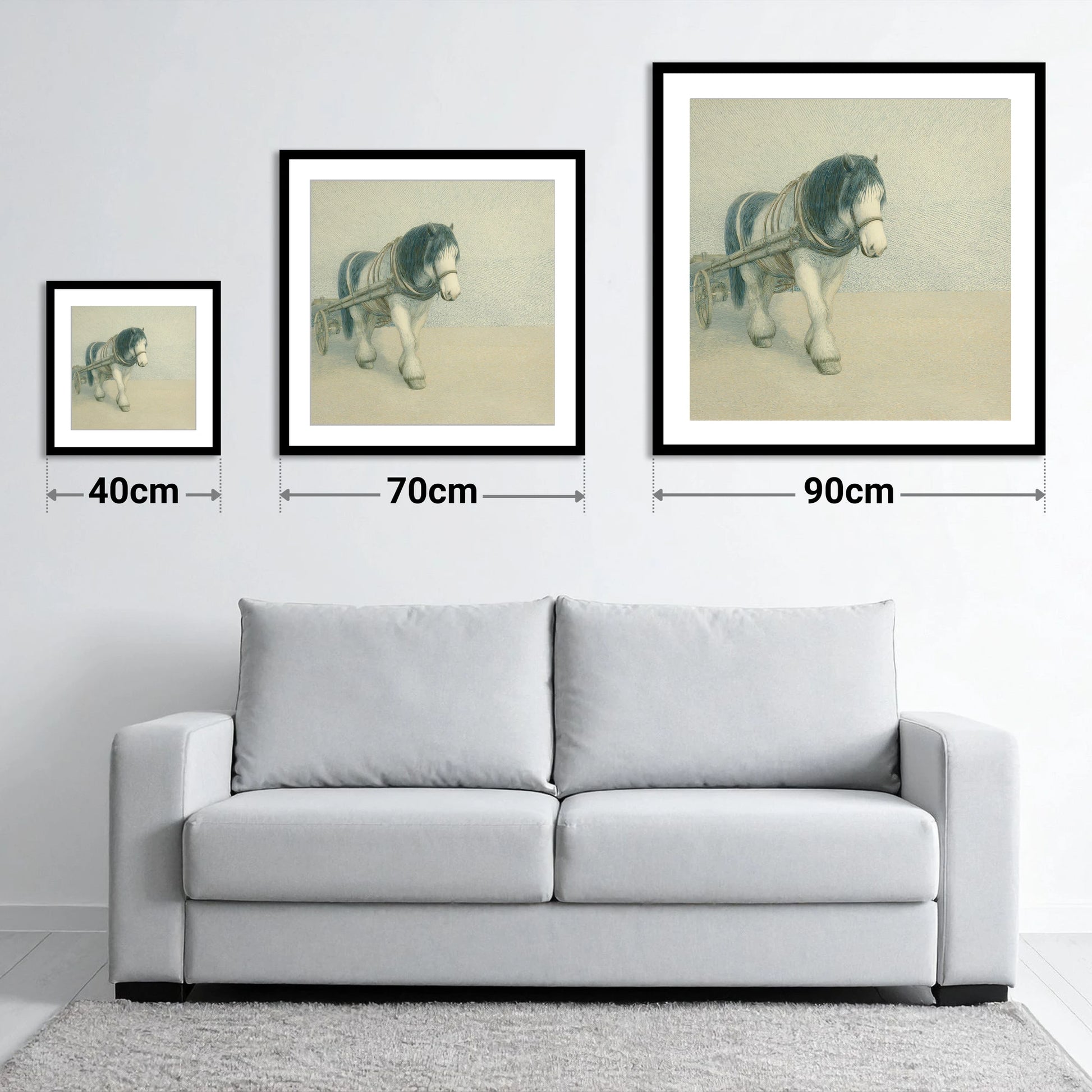 Rhythm Of The Draught - size guide showing 40cm, 70cm and 90cm art prints