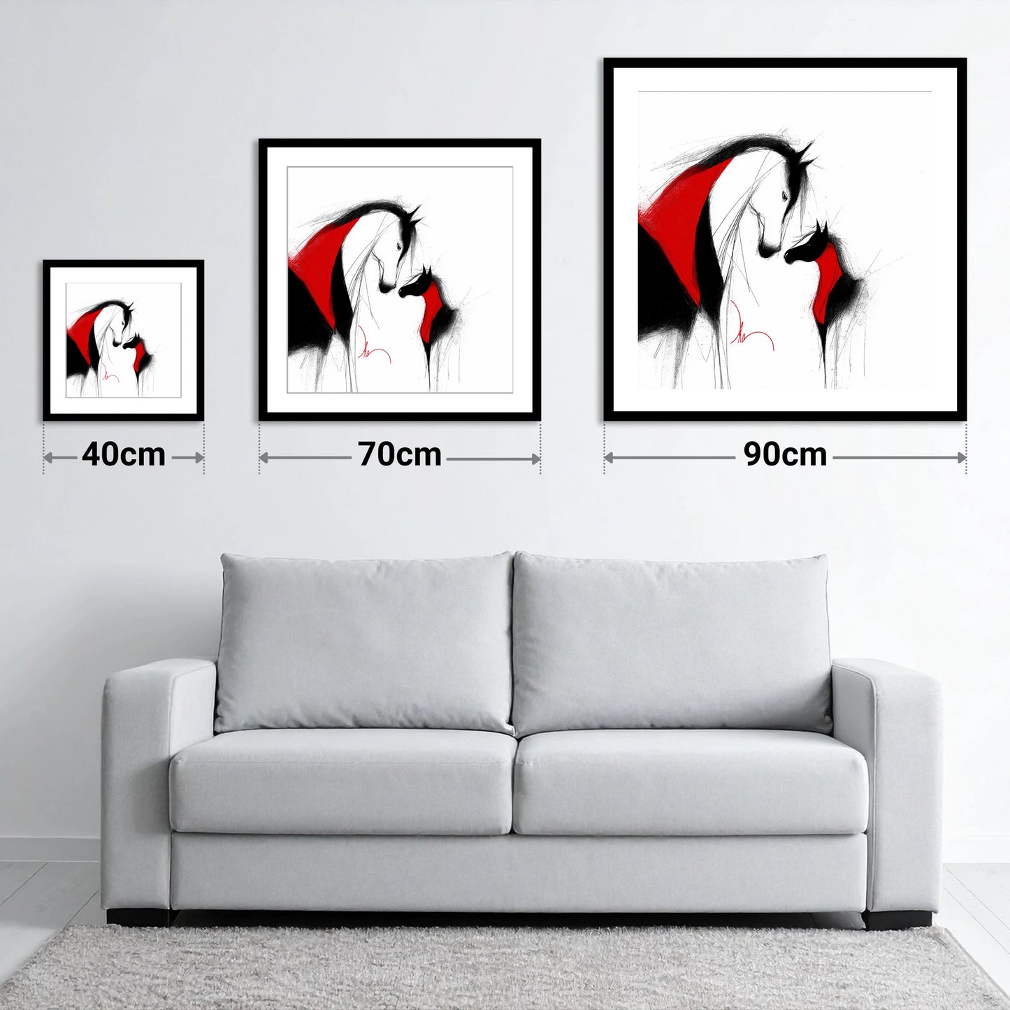 Crimson Bond - size guide showing 40cm, 70cm and 90cm art prints