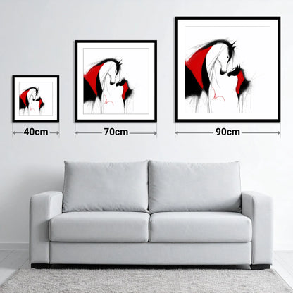 Crimson Bond - size guide showing 40cm, 70cm and 90cm art prints