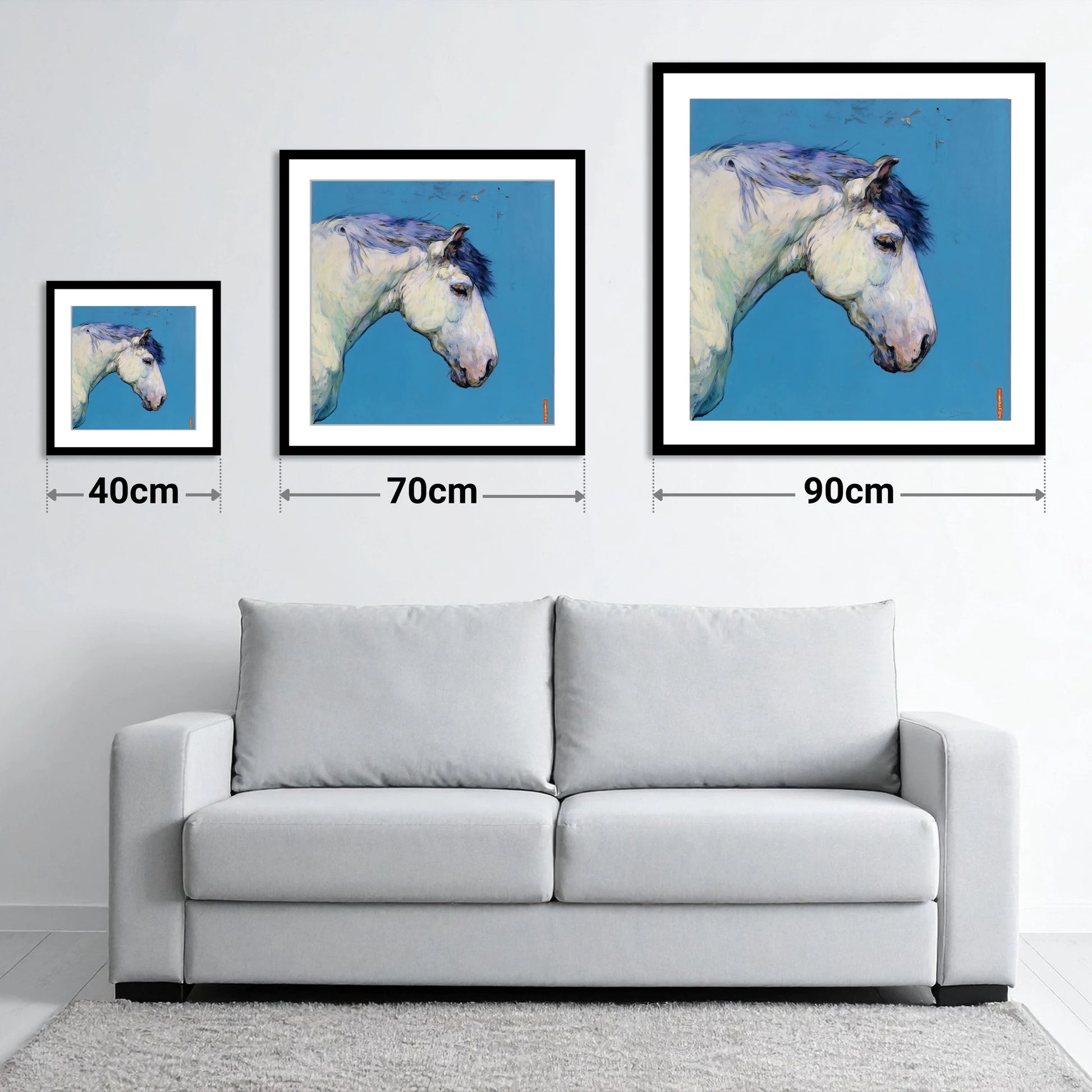 The Azure Grey - size guide showing 40cm, 70cm and 90cm art prints