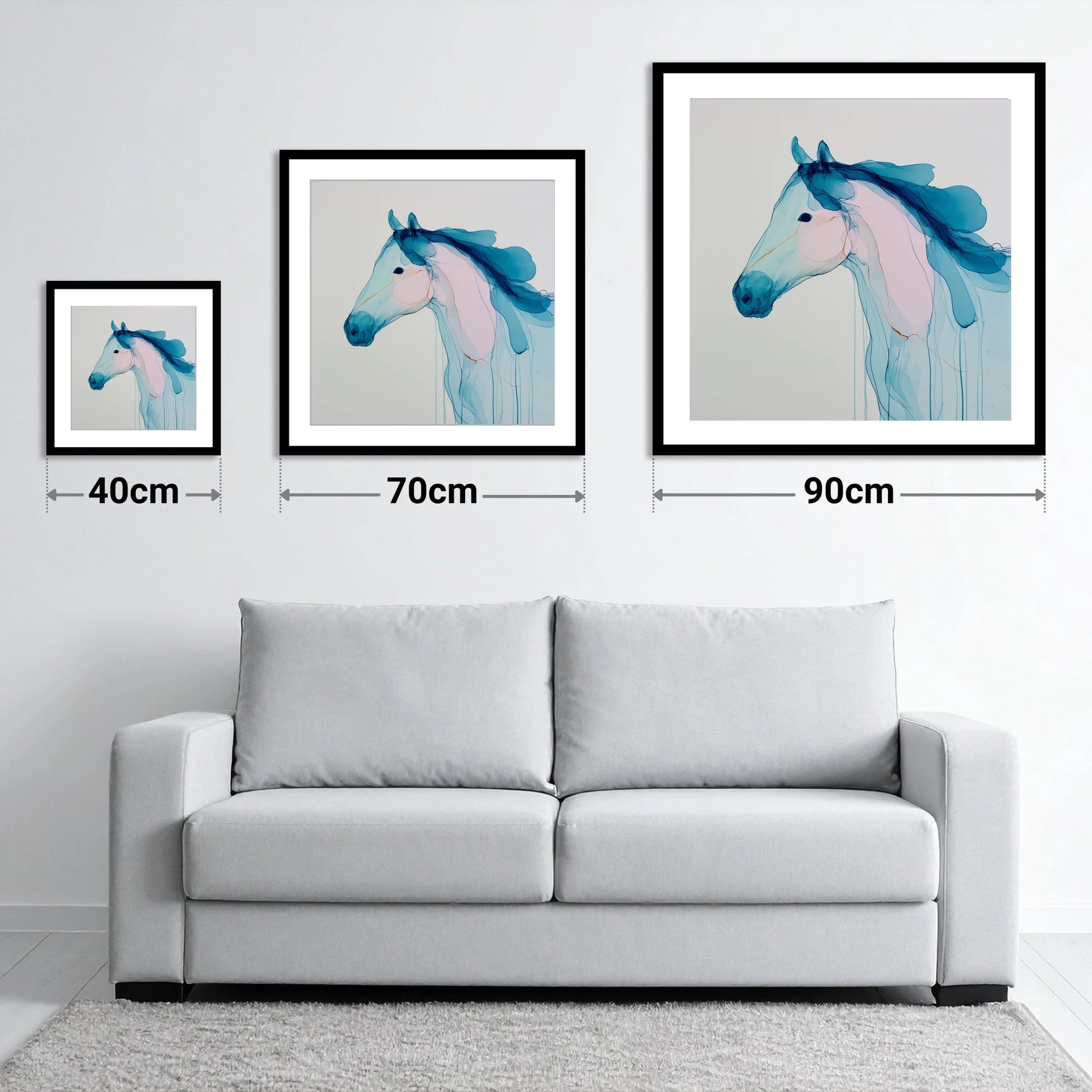Ethereal Blue Spirit - size guide showing 40cm, 70cm and 90cm art prints