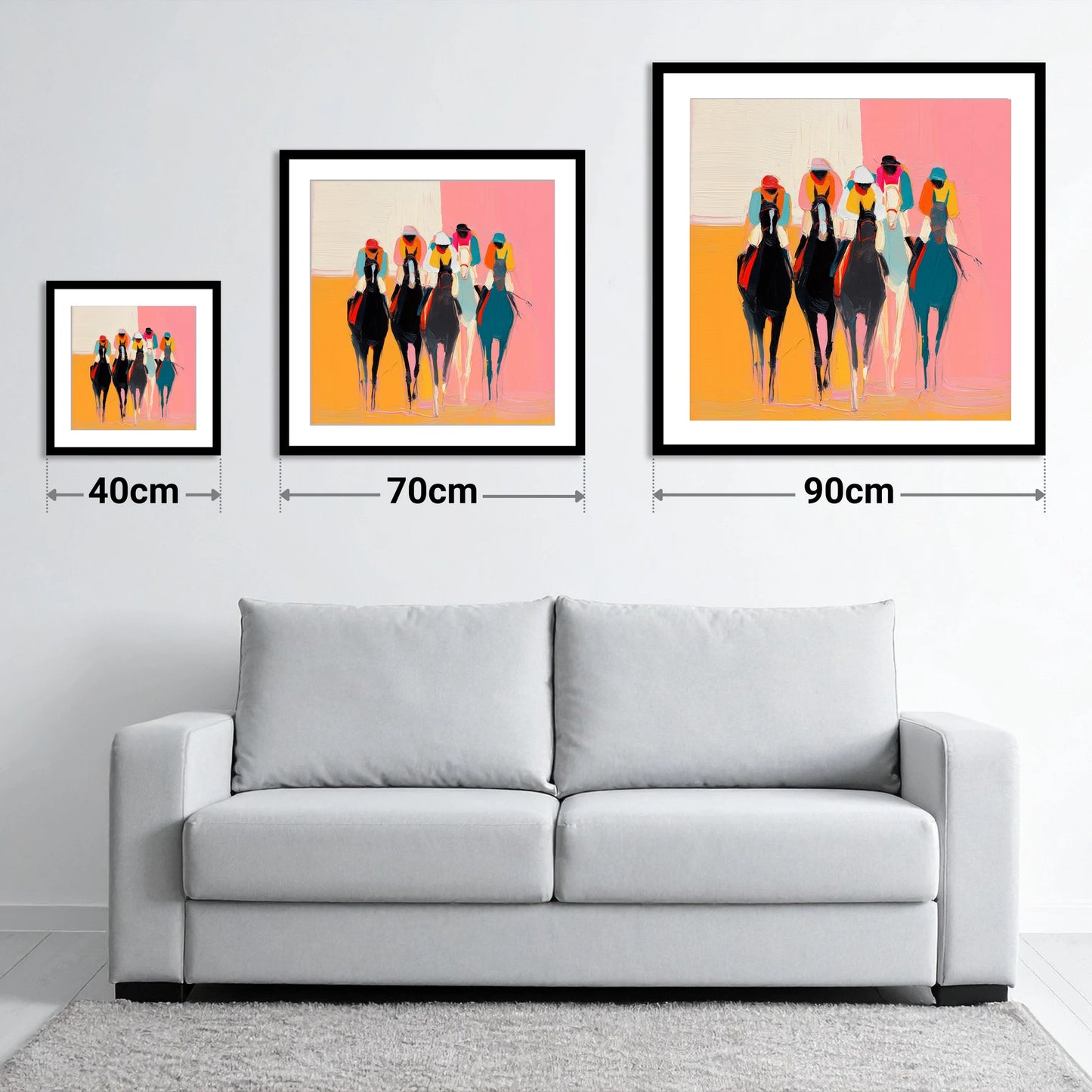 Charge to the Line - size guide showing 40cm, 70cm and 90cm art prints