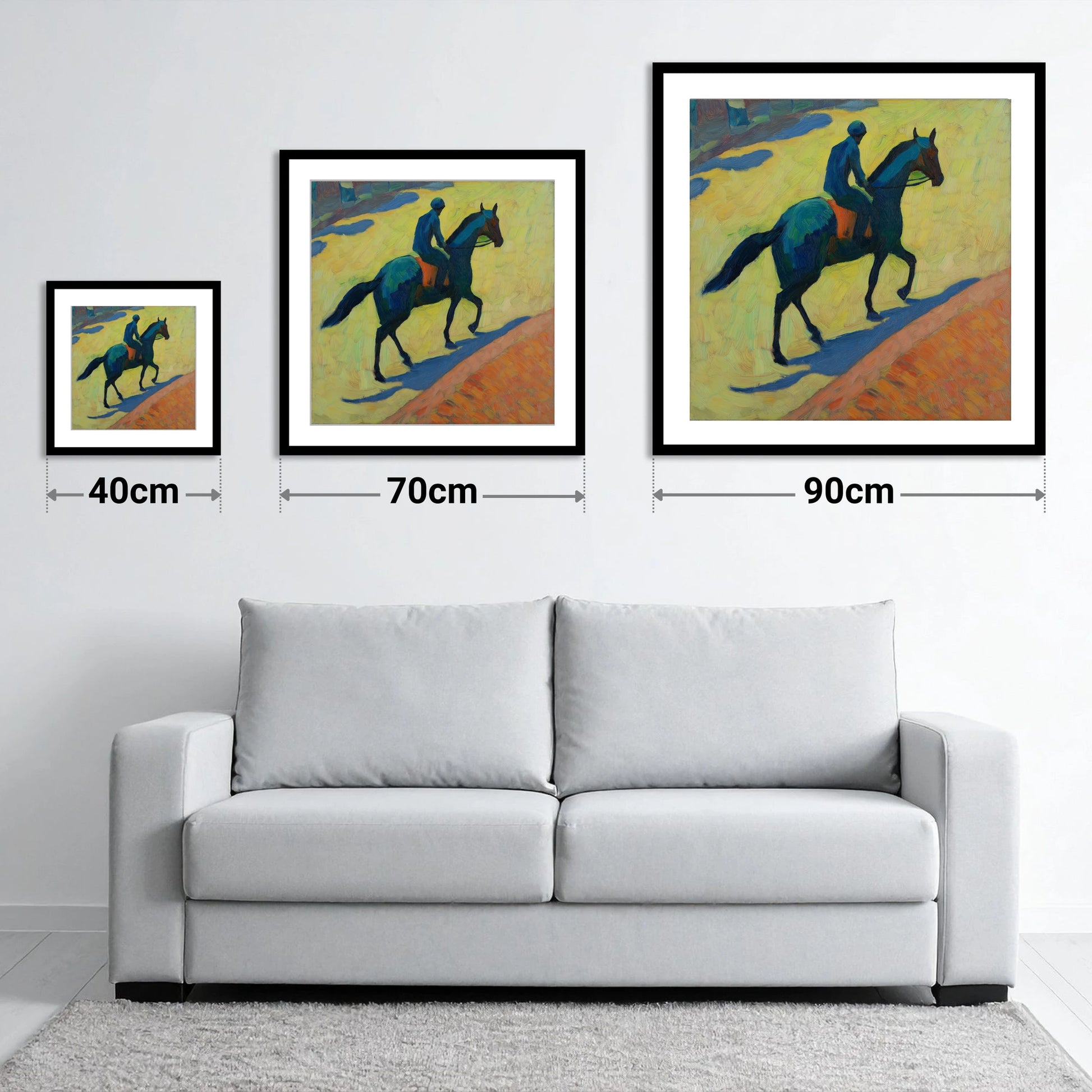 Rhythm on the Gallops - size guide showing 40cm, 70cm and 90cm art prints