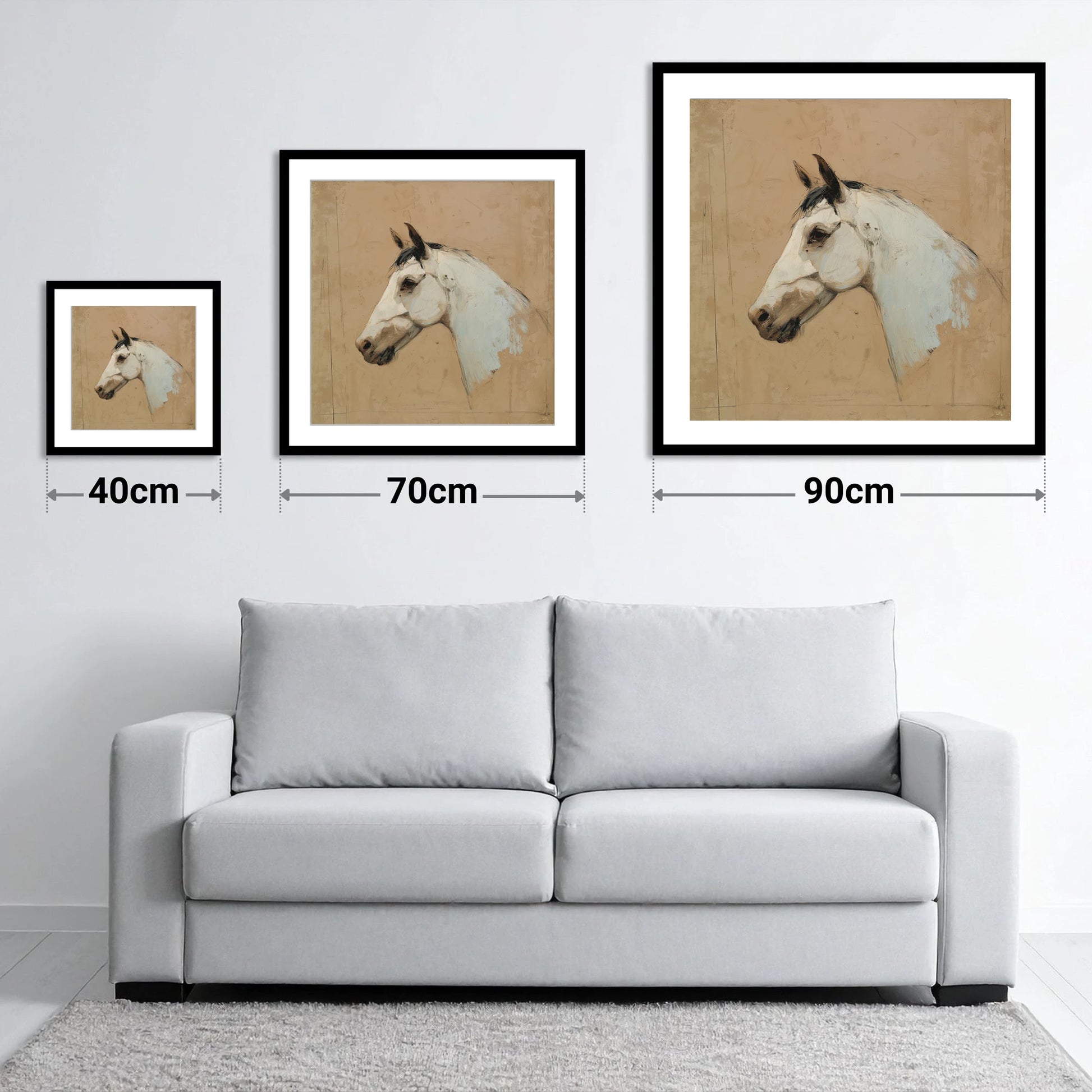 Elegance in Grey - size guide showing 40cm, 70cm and 90cm art prints