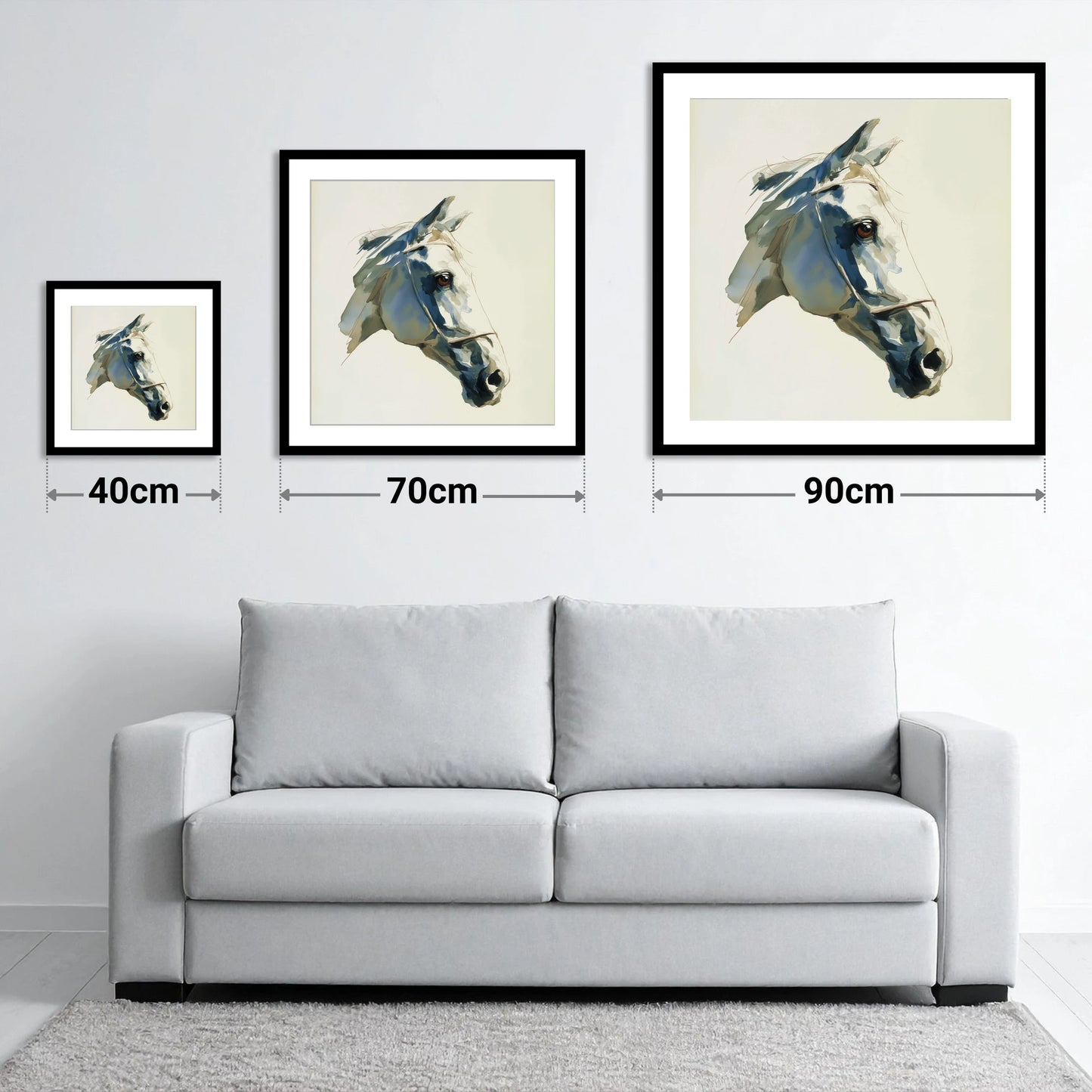 Sapphire Gaze in Indigo - size guide showing 40cm, 70cm and 90cm art prints
