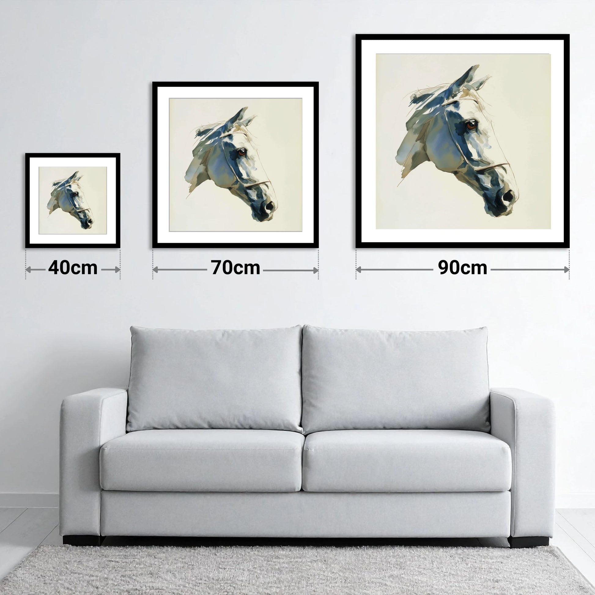 Sapphire Gaze in Indigo - size guide showing 40cm, 70cm and 90cm art prints